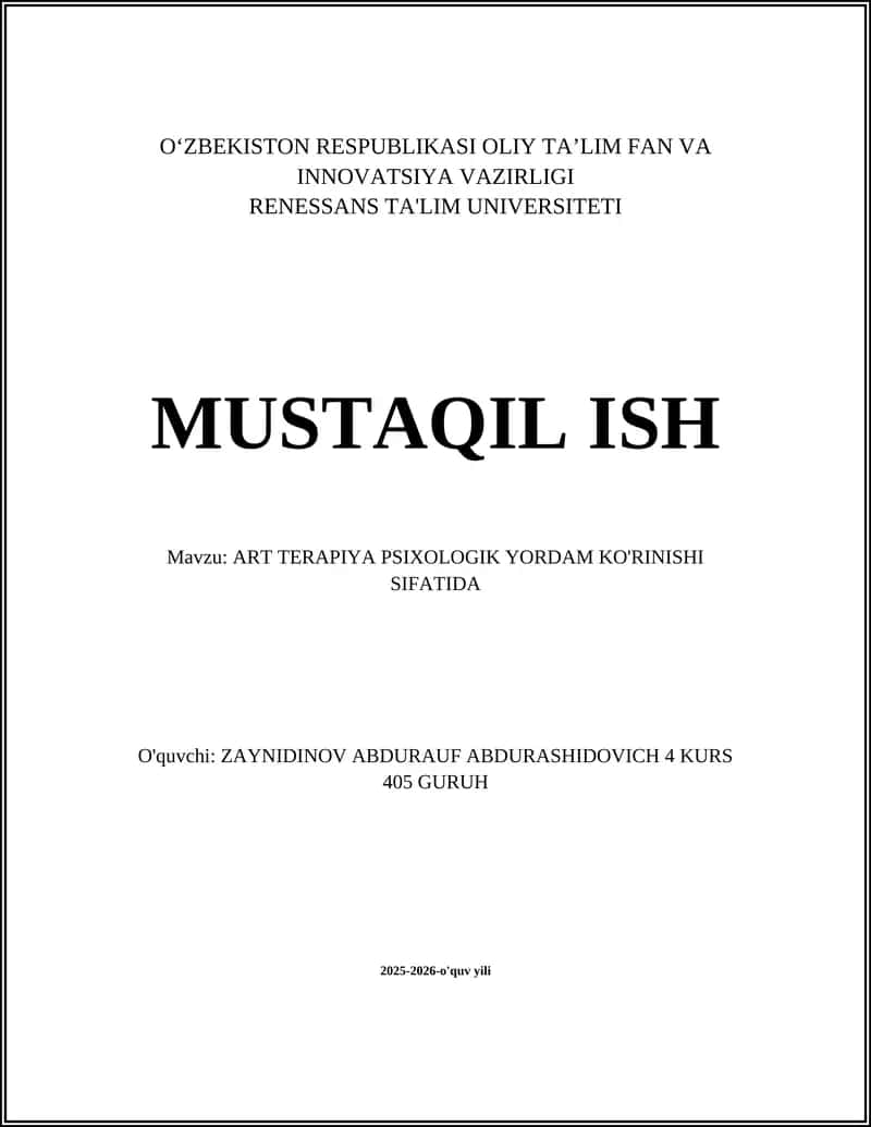 ART TERAPIYA PSIXOLOGIK YORDAM KO'RINISHI SIFATIDA