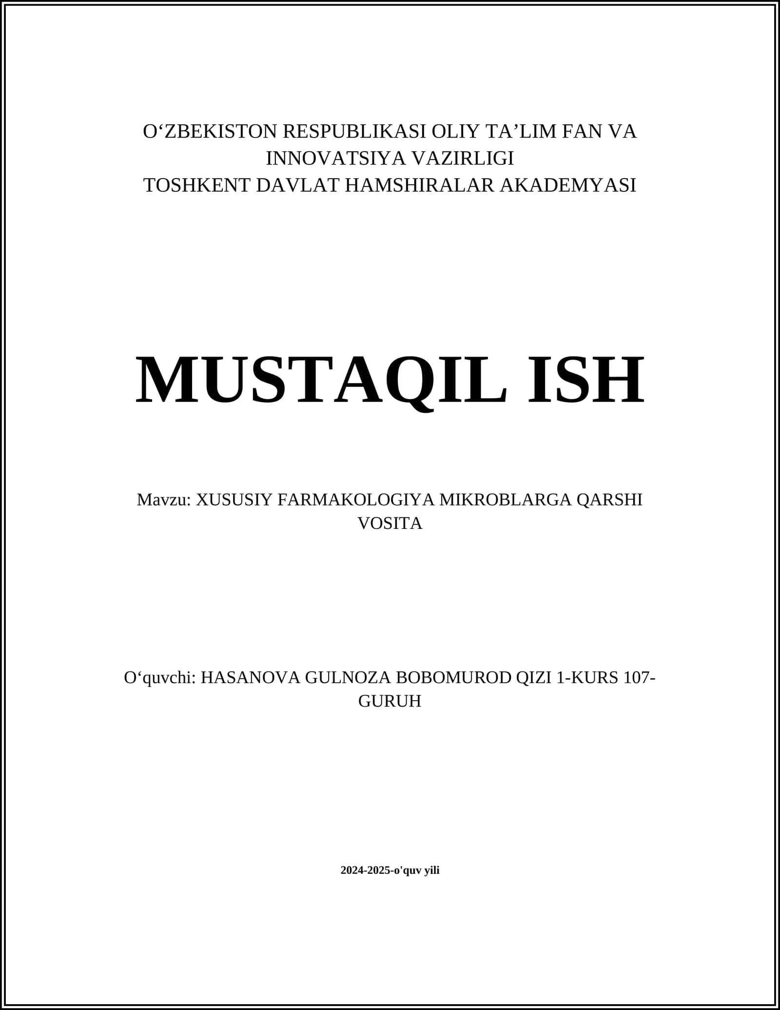 XUSUSIY FARMAKOLOGIYA MIKROBLARGA QARSHI VOSITA