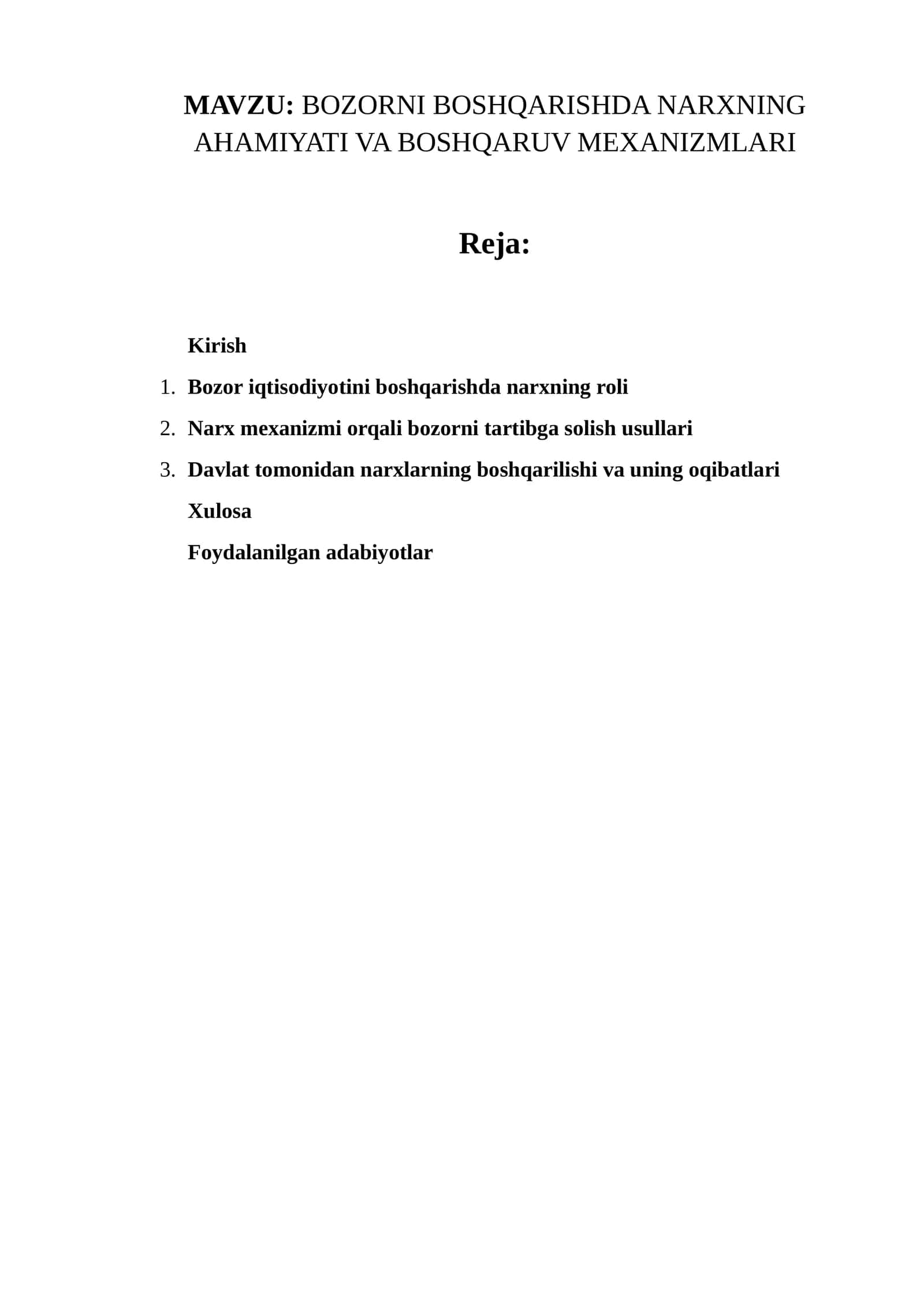 BOZORNI BOSHQARISHDA NARXNING AHAMIYATI VA BOSHQARUV MEXANIZMLARI