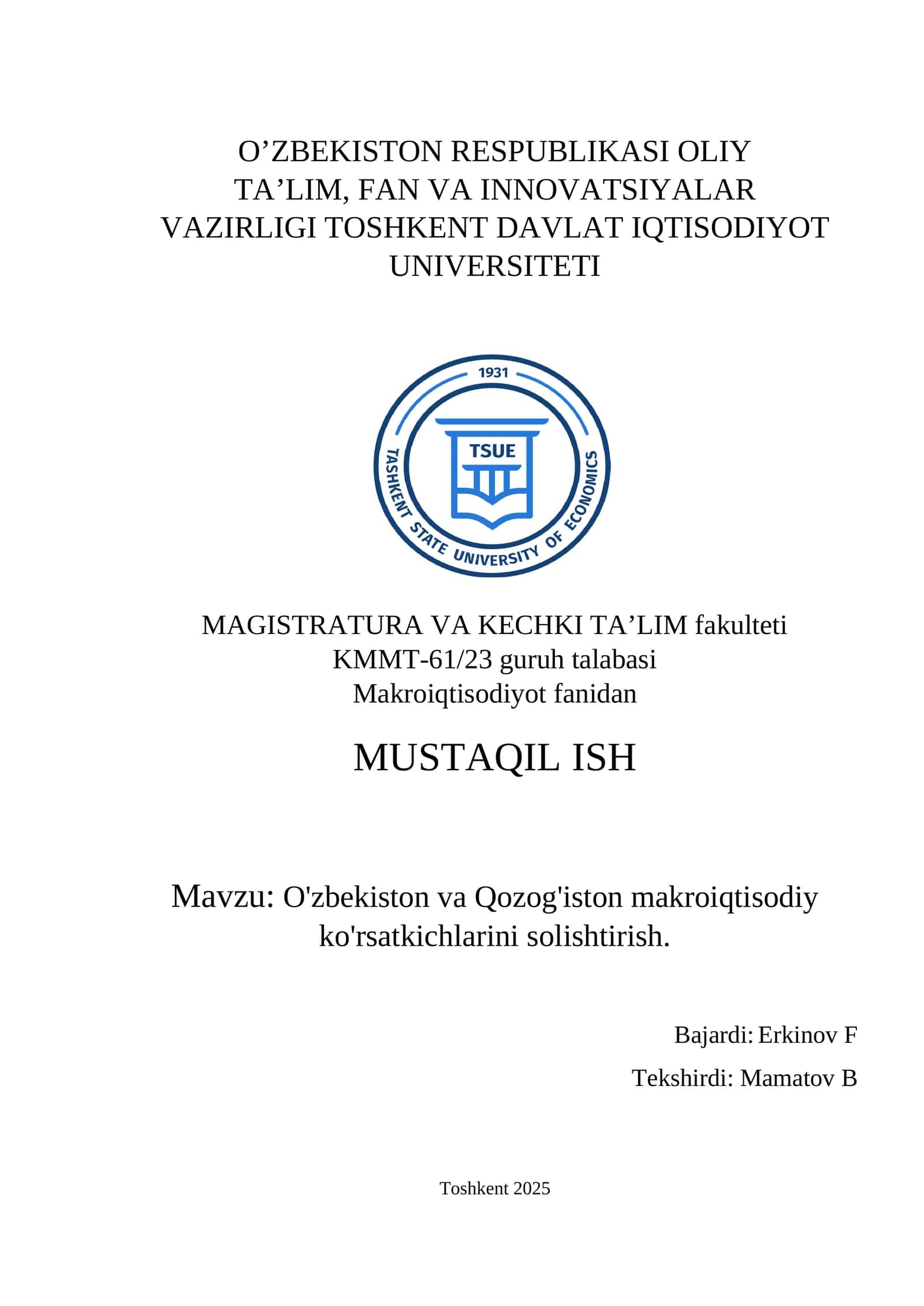 O'zbekiston va Qozog'iston makroiqtisodiy ko'rsatkichlarini solishtirish
