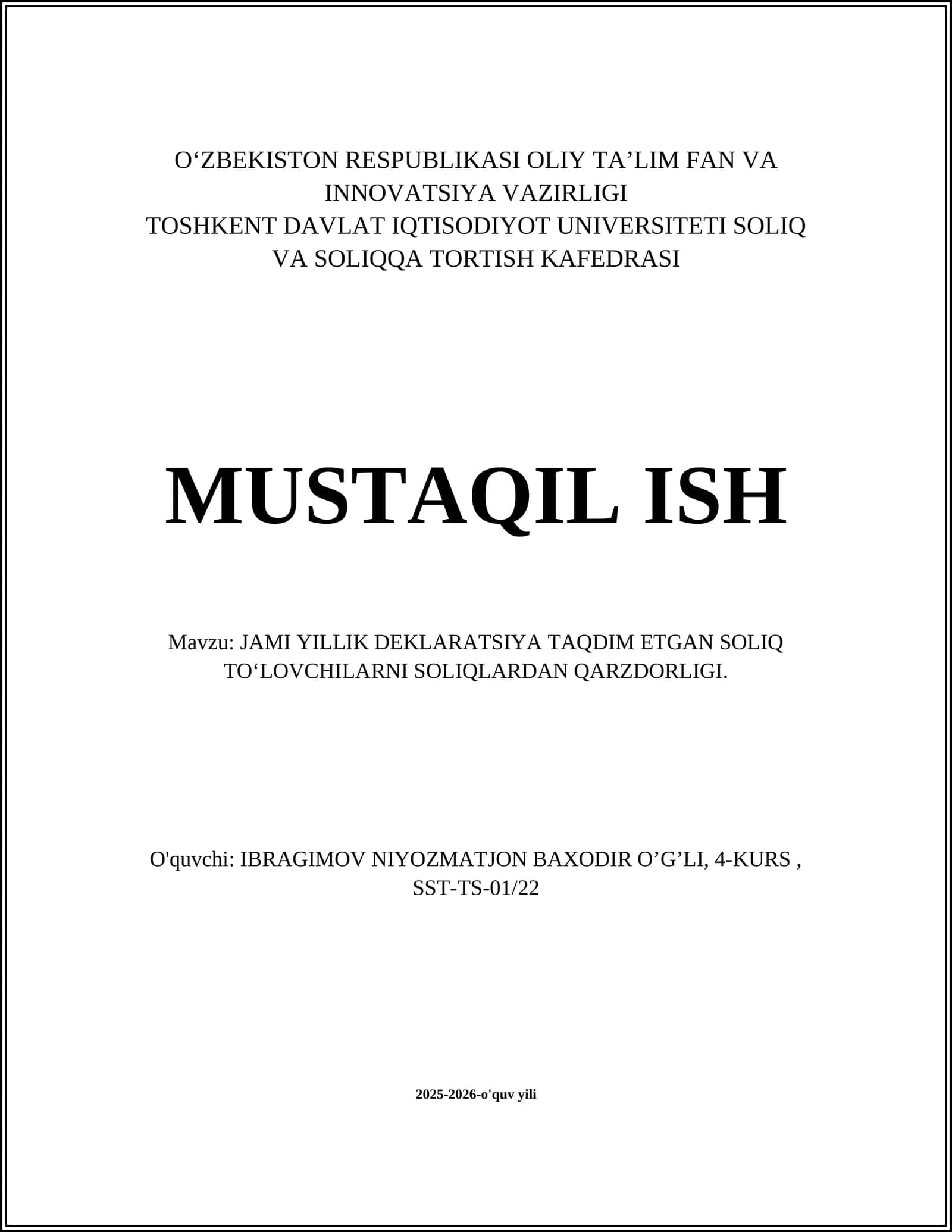 JAMI YILLIK DEKLARATSIYA TAQDIM ETGAN SOLIQ TO‘LOVCHILARNI SOLIQLARDAN QARZDORLIGI