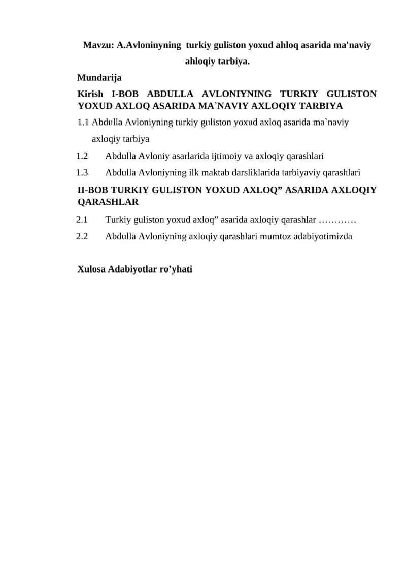 Abdulla Avloniynin turkiy guliston yoxud ahloq asarida ma'naviy ahloqiy tarbiya