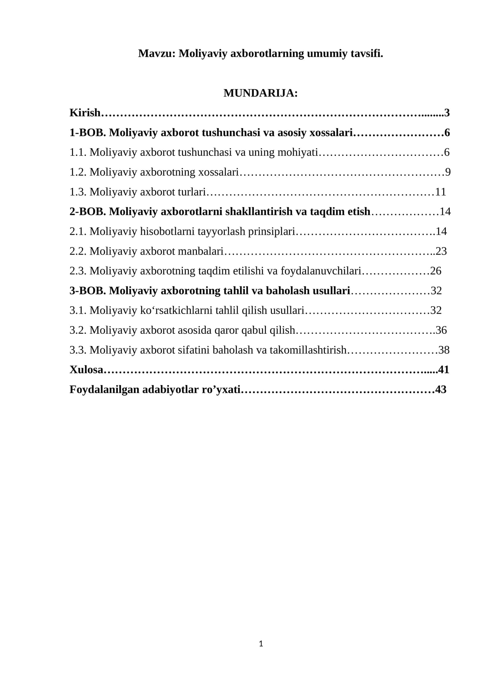 Moliyaviy axborotlarning umumiy tavsifi