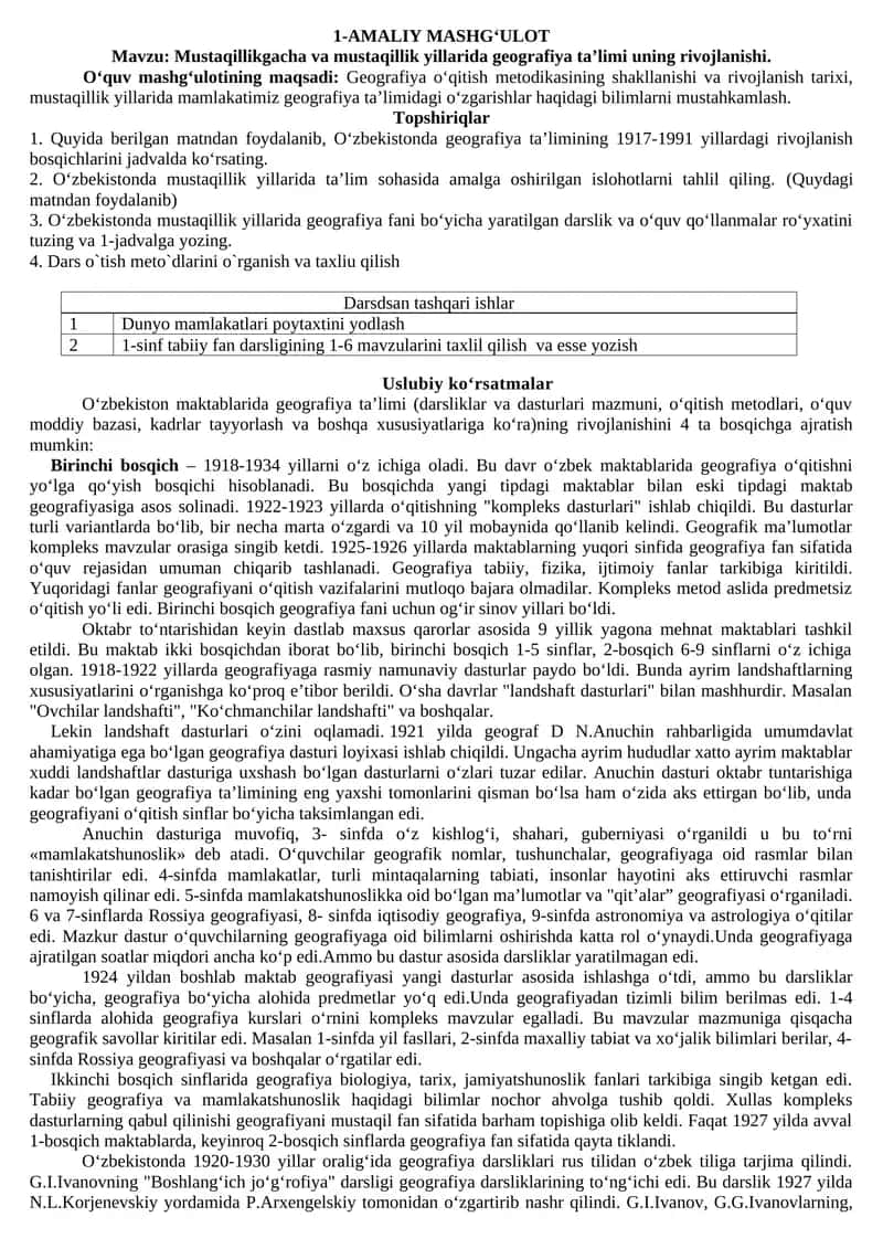Mustaqillikgacha va mustaqillik yillarida geografiya ta’limi uning rivojlanishi