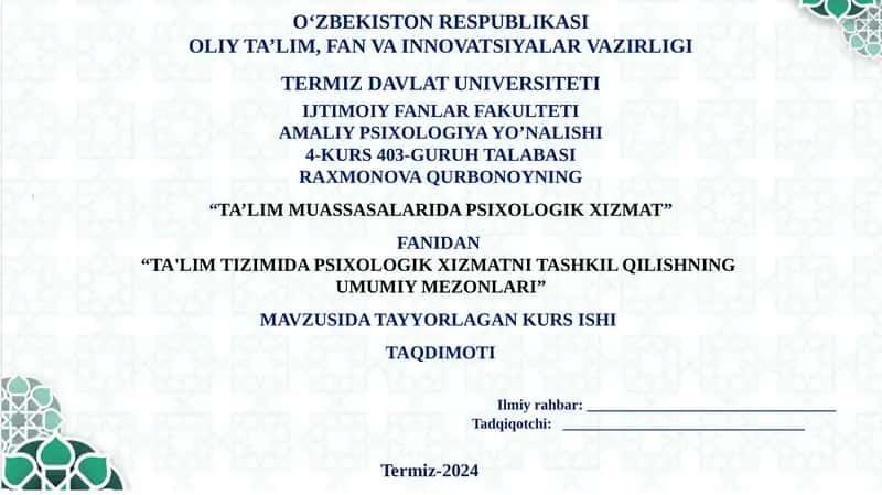TA'LIM MUASSASALARIDA PSIXOLOGIK XIZMAT
