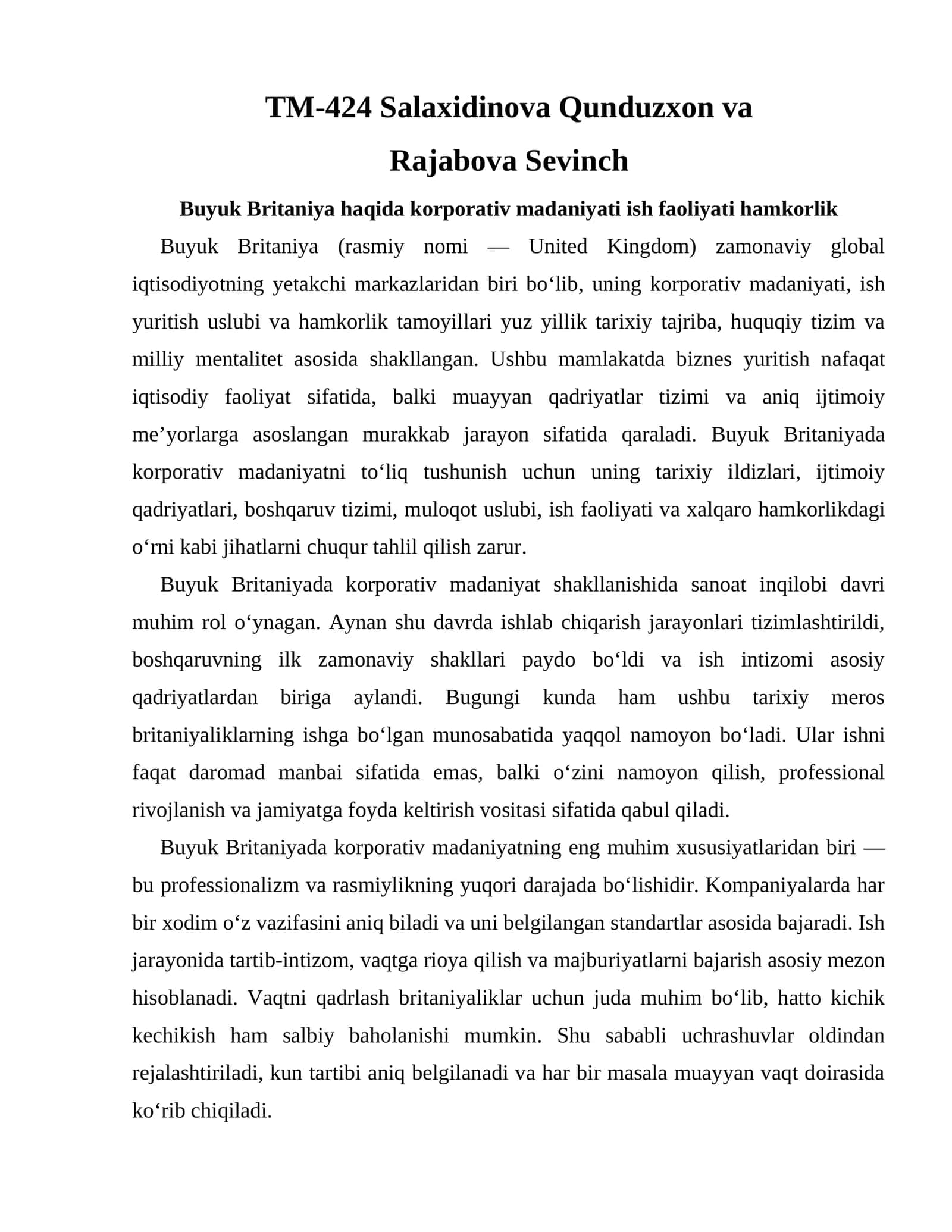 Buyuk Britaniya (United Kingdom) korporativ madaniyati