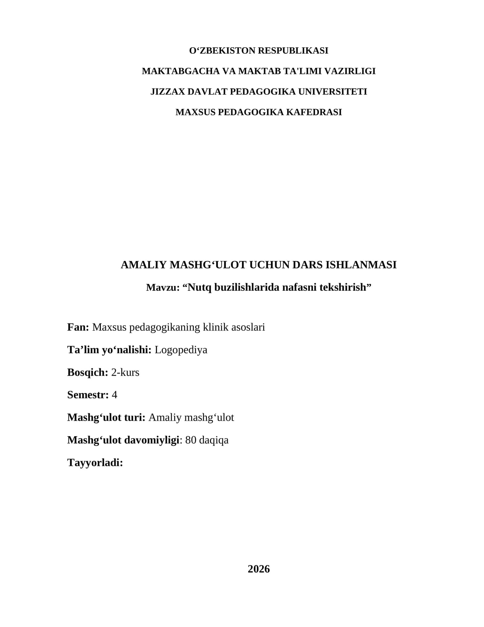 Amaliy Mashg‘ulot Uchun Dars Ishlanmasi