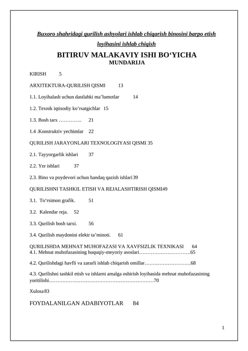 Buxoro shahridagi qurilish ashyolari ishlab chiqarish binosini barpo etish loyihasini