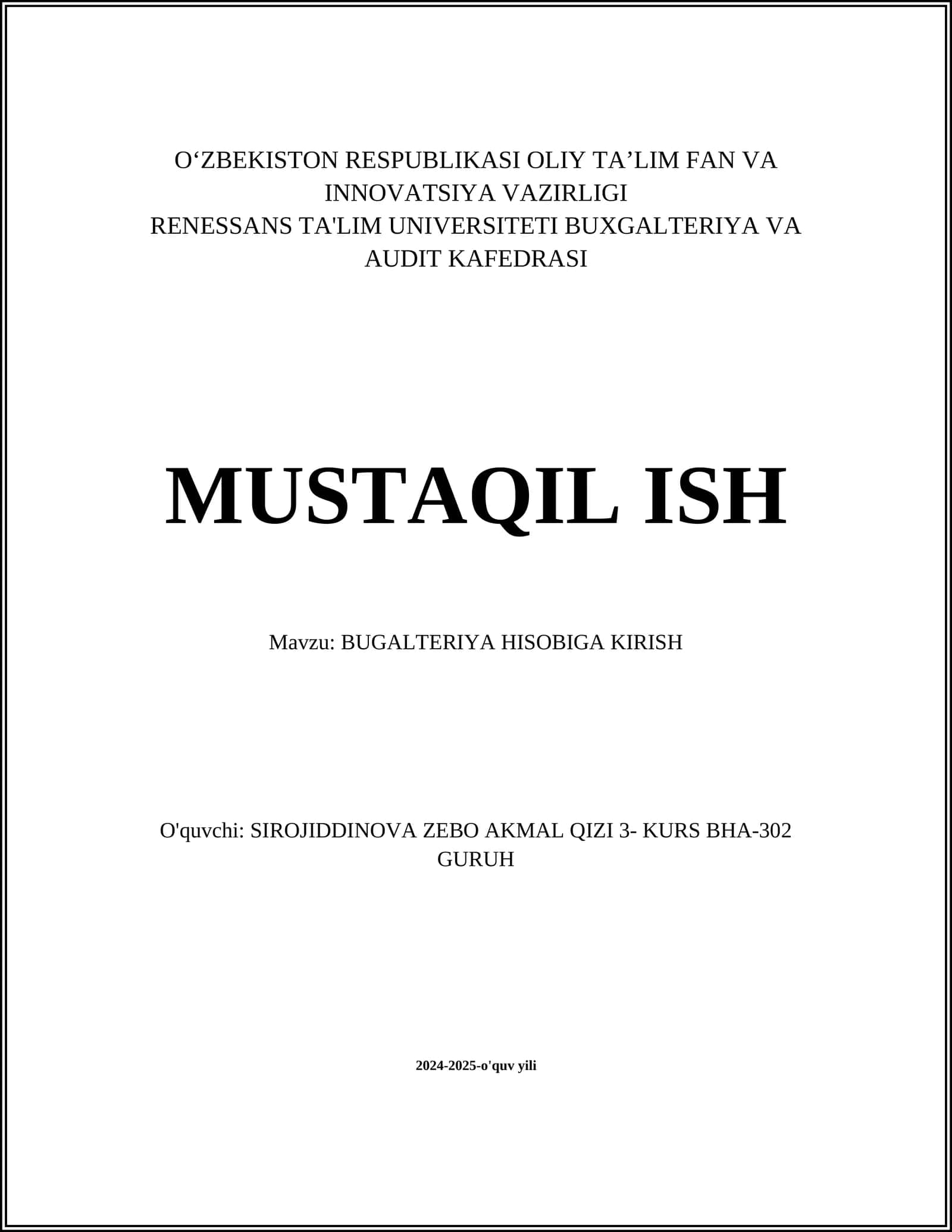 BUGALTERIYA HISOBIGA KIRISH