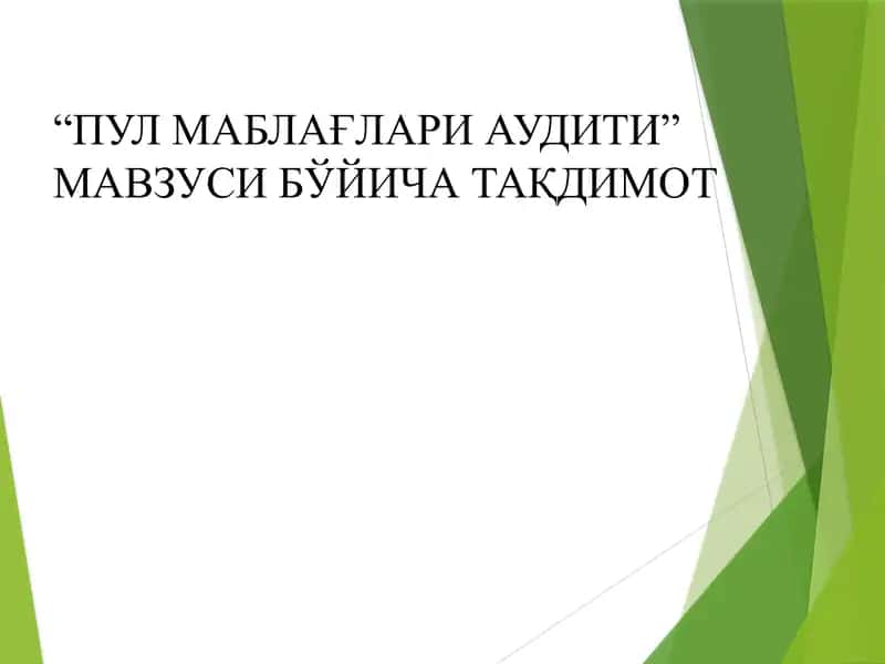 ПУЛ МАБЛАҒЛАРИ АУДИТИ” МАВЗУСИ БЎЙИЧА ТАҚДИМОТ