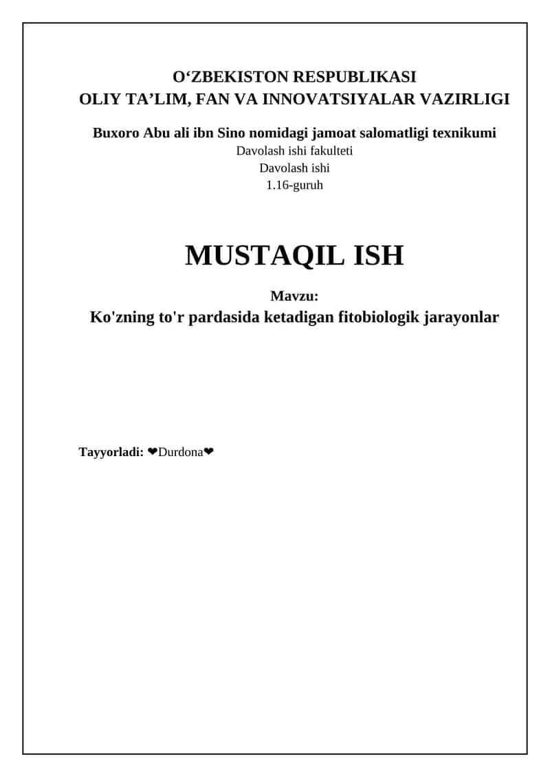 Ko'zning to'r pardasida ketadigan fitobiologik jarayonlar
