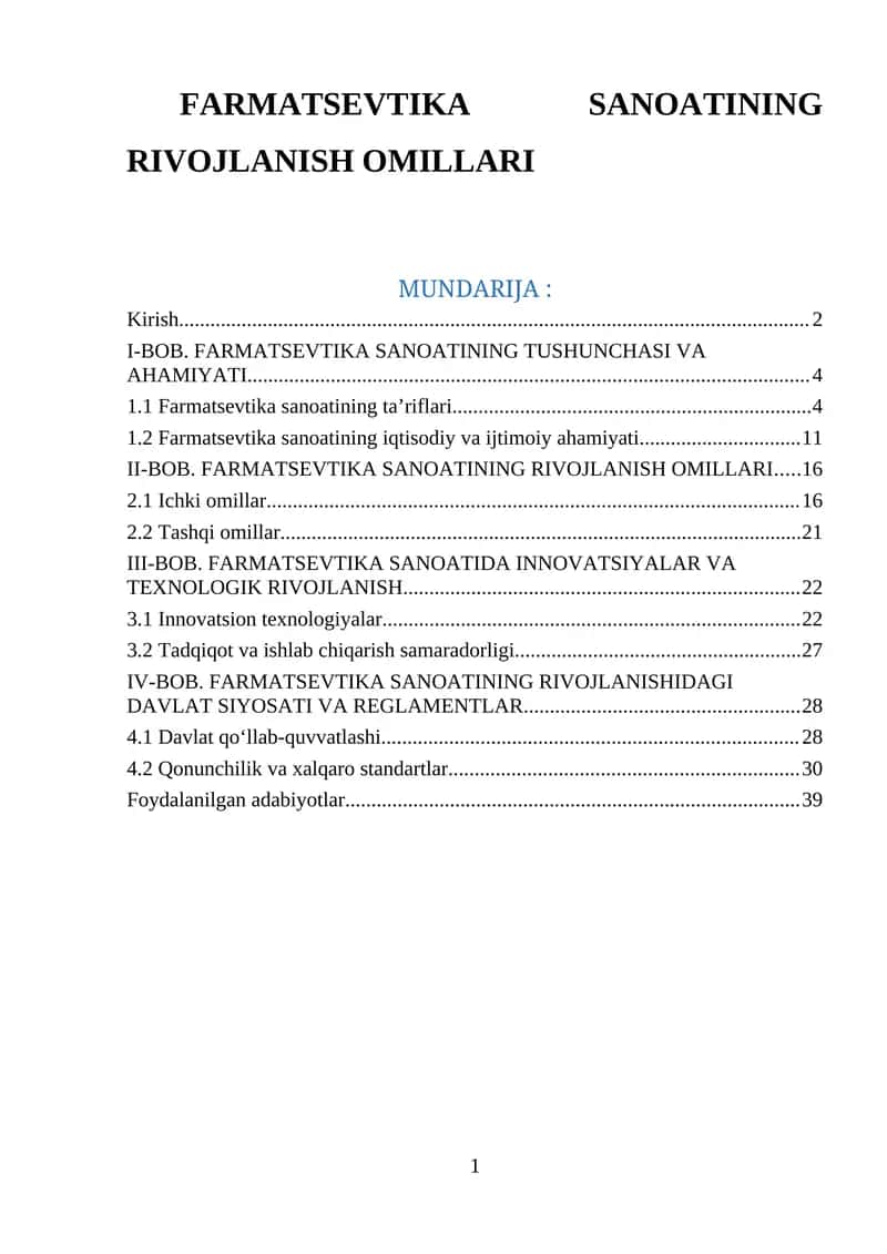 FARMATSEVTIKA SANOATINING RIVOJLANISH OMILLARI