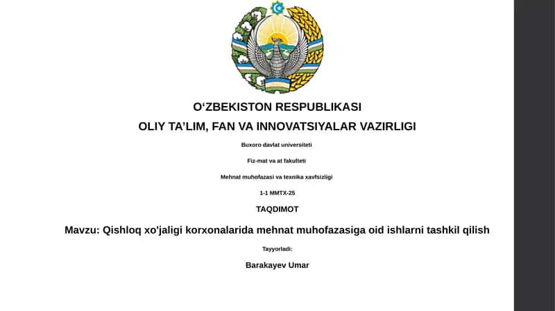 Qishloq xo'jaligi korxonalarida mehnat muhofazasiga oid ishlarni tashkil qilish