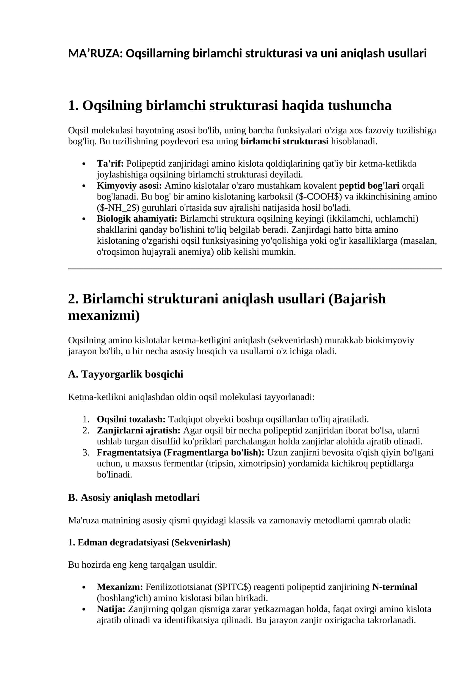MA’RUZA: Oqsillarning birlamchi strukturasi va uni aniqlash usullari