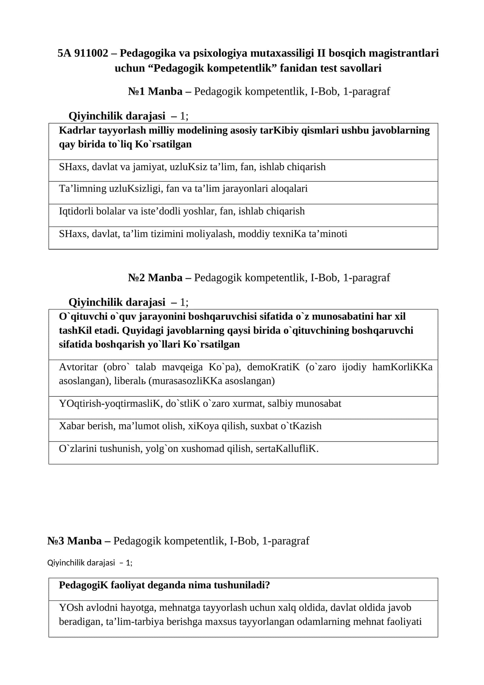 Pedagogika va psixologiya mutaxassiligi II bosqich magistrantlari uchun “Pedagogik kompetentlik” fanidan test savollari