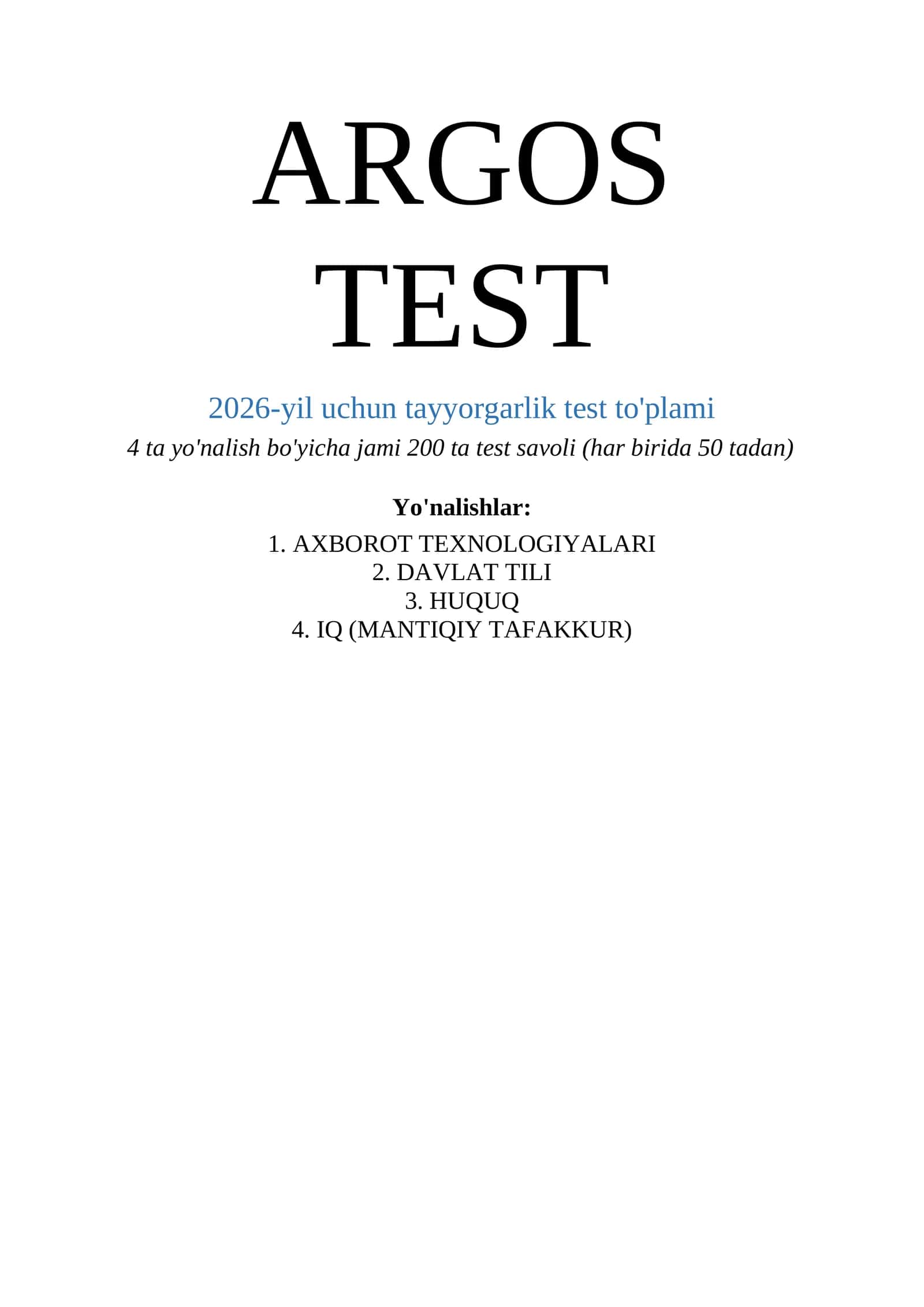 ARGOS TEST 2026-yil uchun tayyorgarlik test to'plami