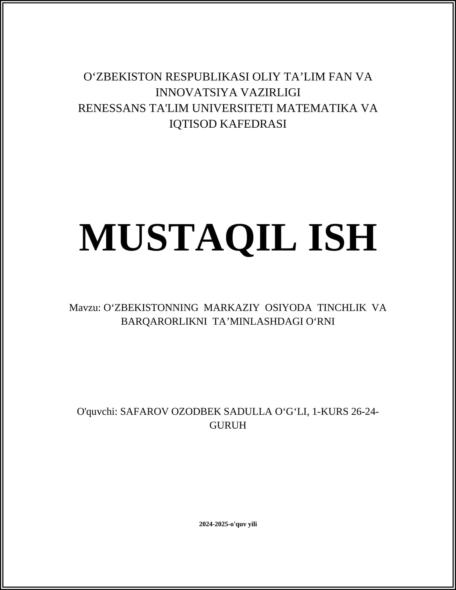O‘zbekistonning Markaziy Osiyoda Tinchlik va Barqarorlik