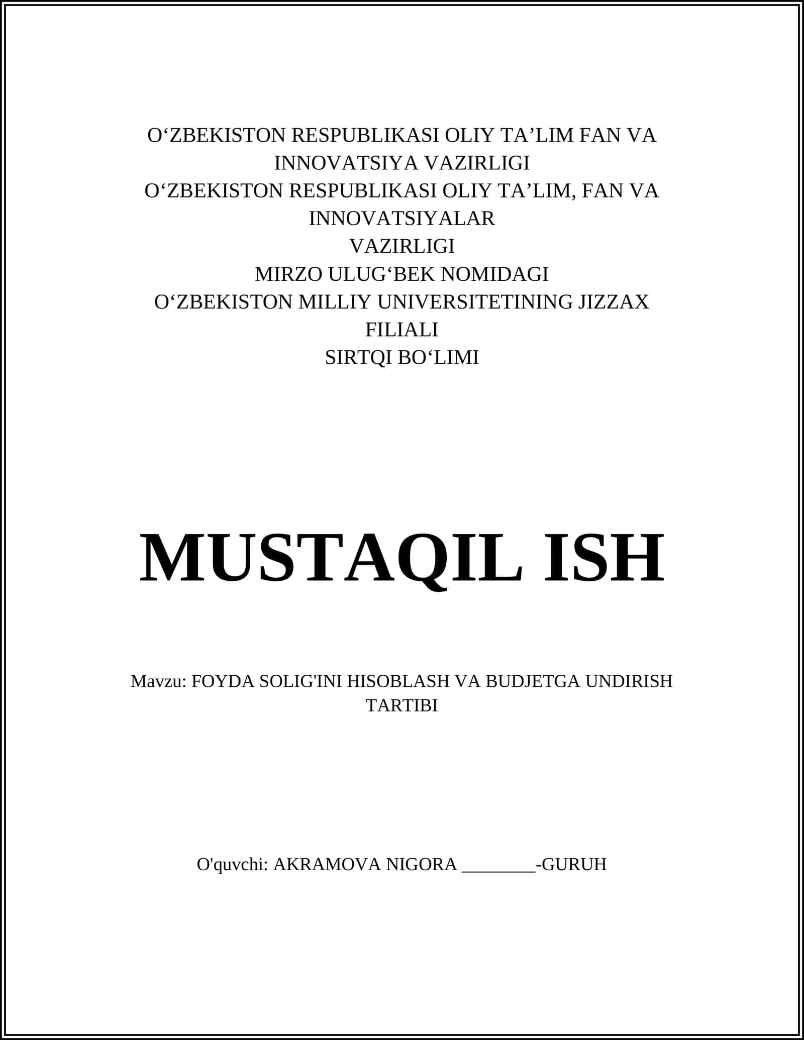 Foyda solig'ini hisoblash va budjetga undirish tartibi