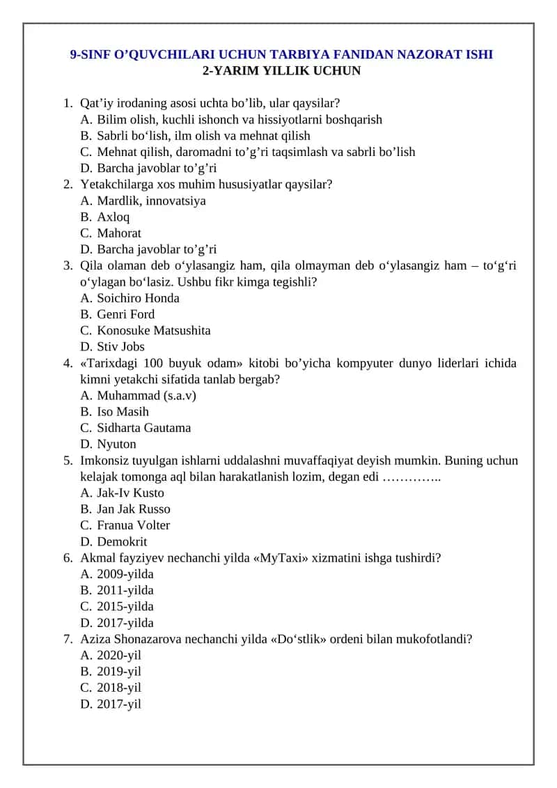 9-SINF O’QUVCHILARI UCHUN TARBIYA FANIDAN NAZORAT ISHI