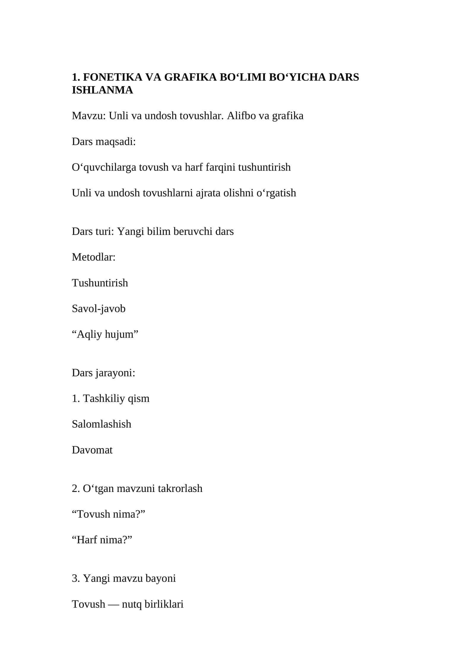 FONETIKA VA GRAFIKA BO‘LIMI BO‘YICHA DARS ISHLANMA
