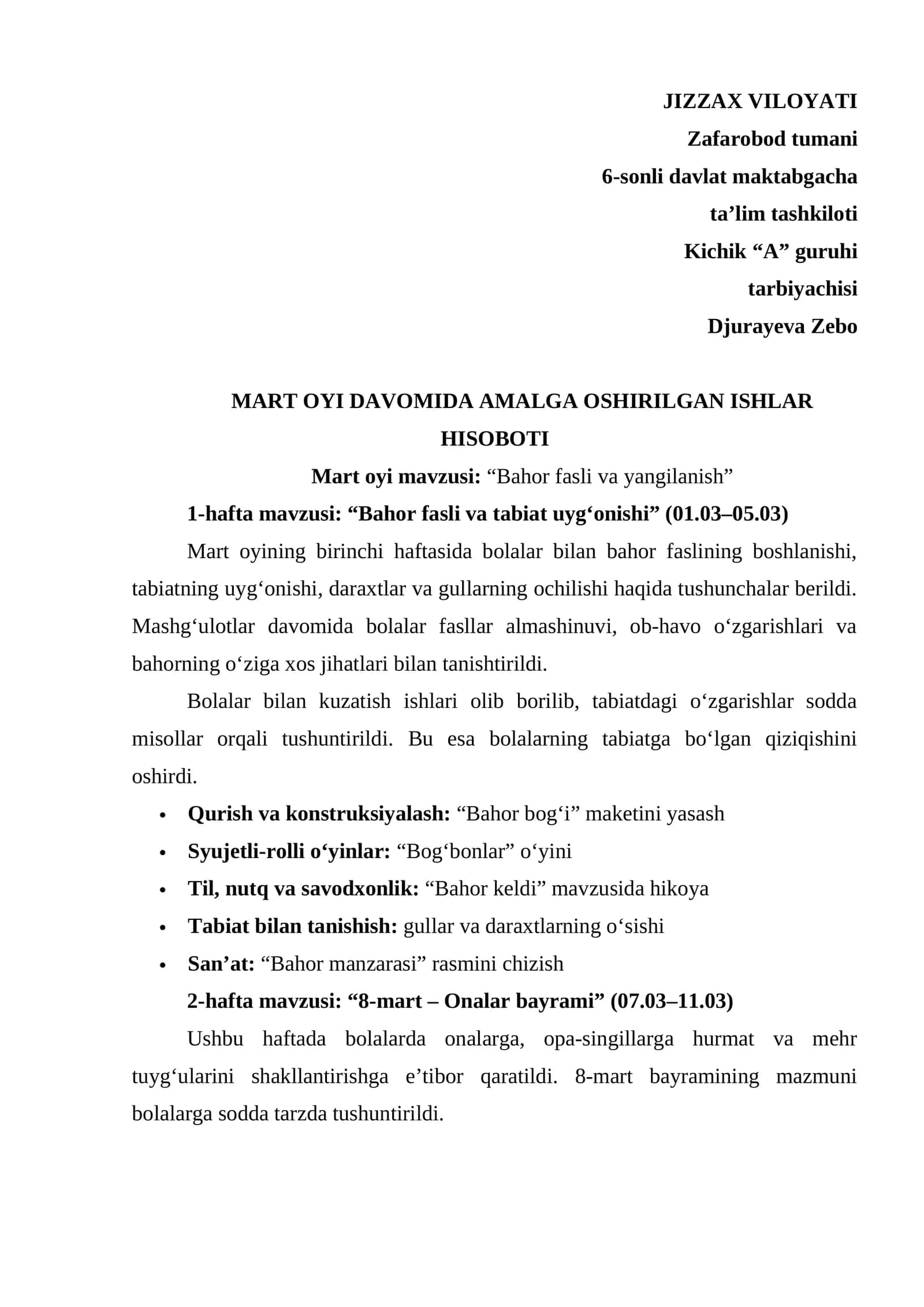 Maktabgacha ta'lim tarbiyachisi uchun Mart hisoboti