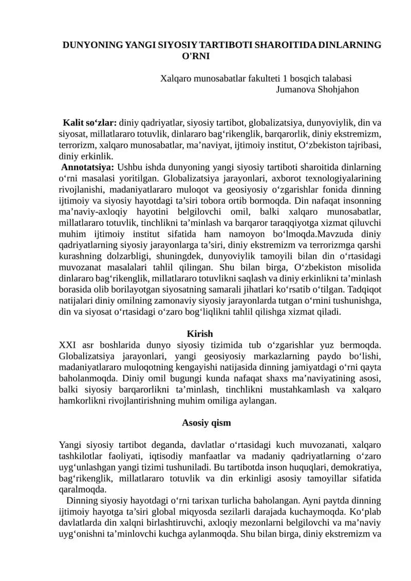 DUNYONING YANGI SIYOSIY TARTIBOTI SHAROITIDA DINLARNING O'RNI