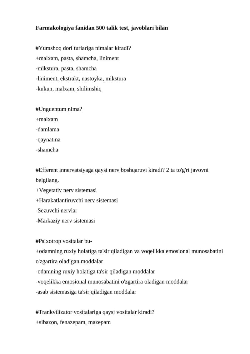 Farmakologiya fanidan 500 talik test, javoblari bilan