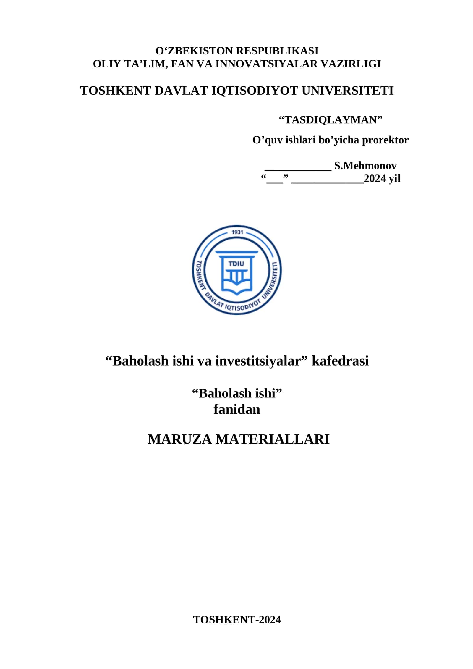 1-Mavzu. Mulk qiymatini baholash faoliyati tushunchasi va mazmuni