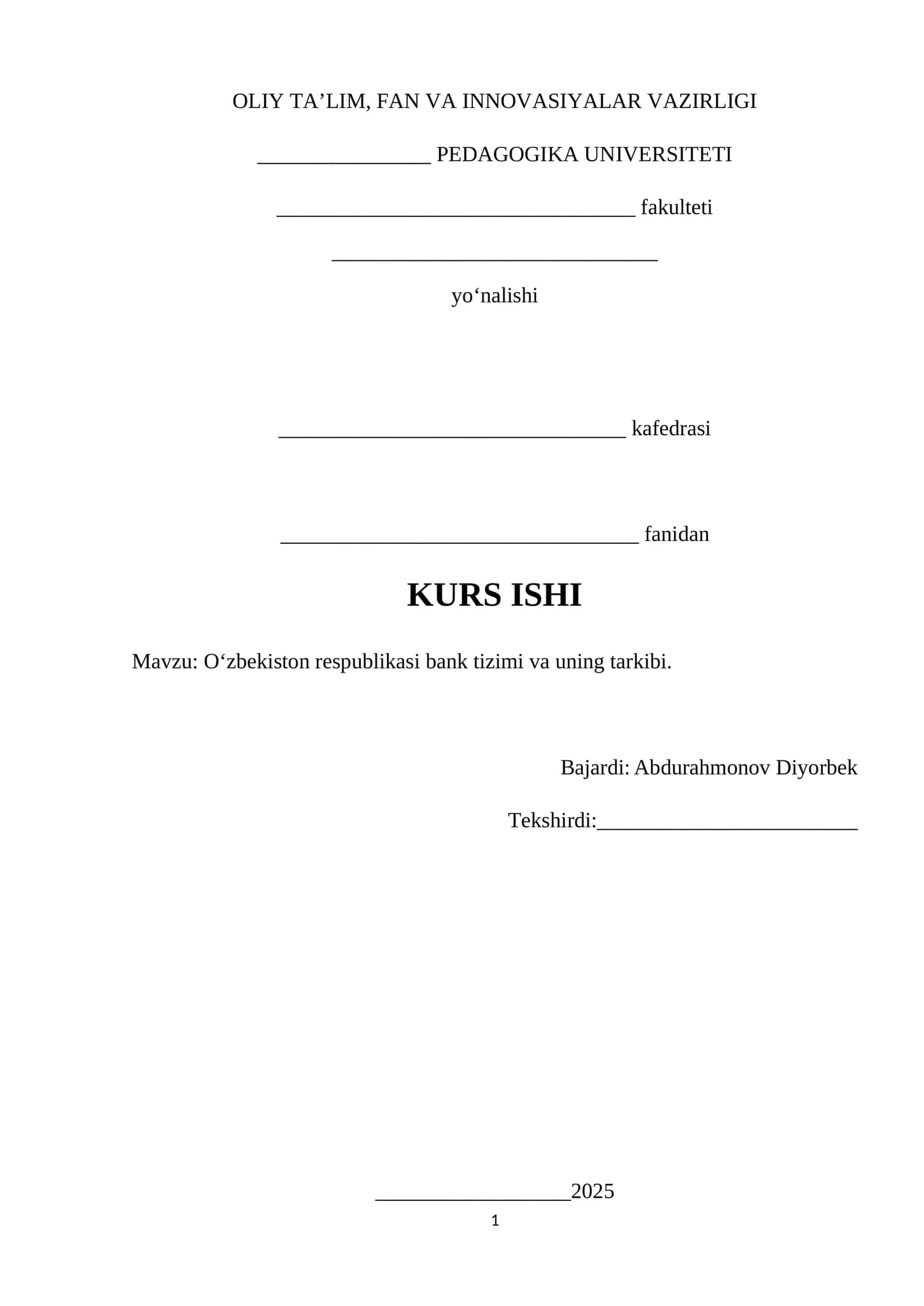 Oʻzbekiston respublikasi bank tizimi va uning tarkibi