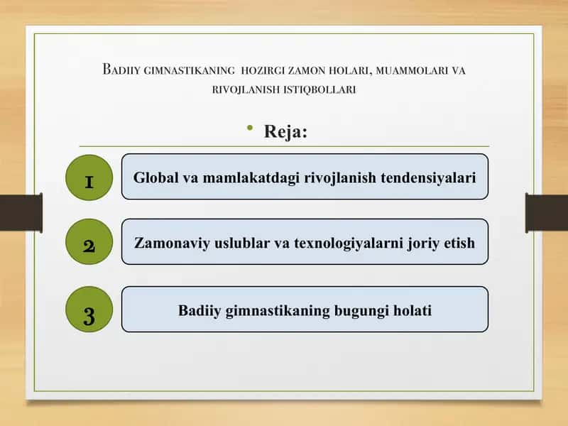 Badiiy gimnastikaning hozirgi zamon holari, muammolari va rivojlanish istiqbollari
