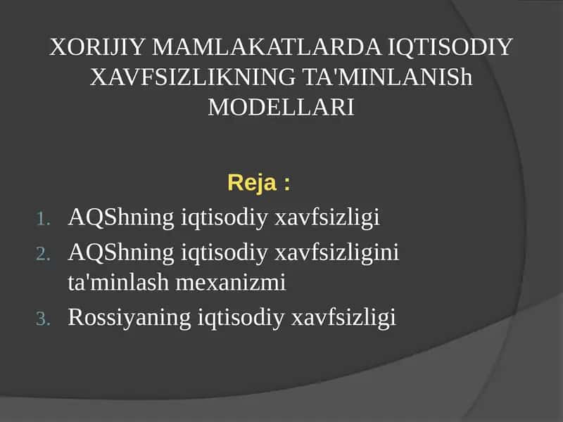 XORIJIY MAMLAKATLARDA IQTISODIY XAVFSIZLIKNINGTA'MINLANIShMODELLARI