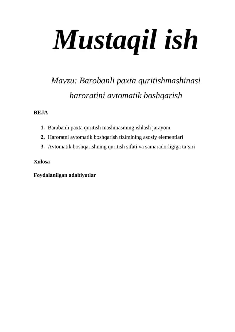 Barobanli paxta quritishmashinasi haroratini avtomatik boshqarish