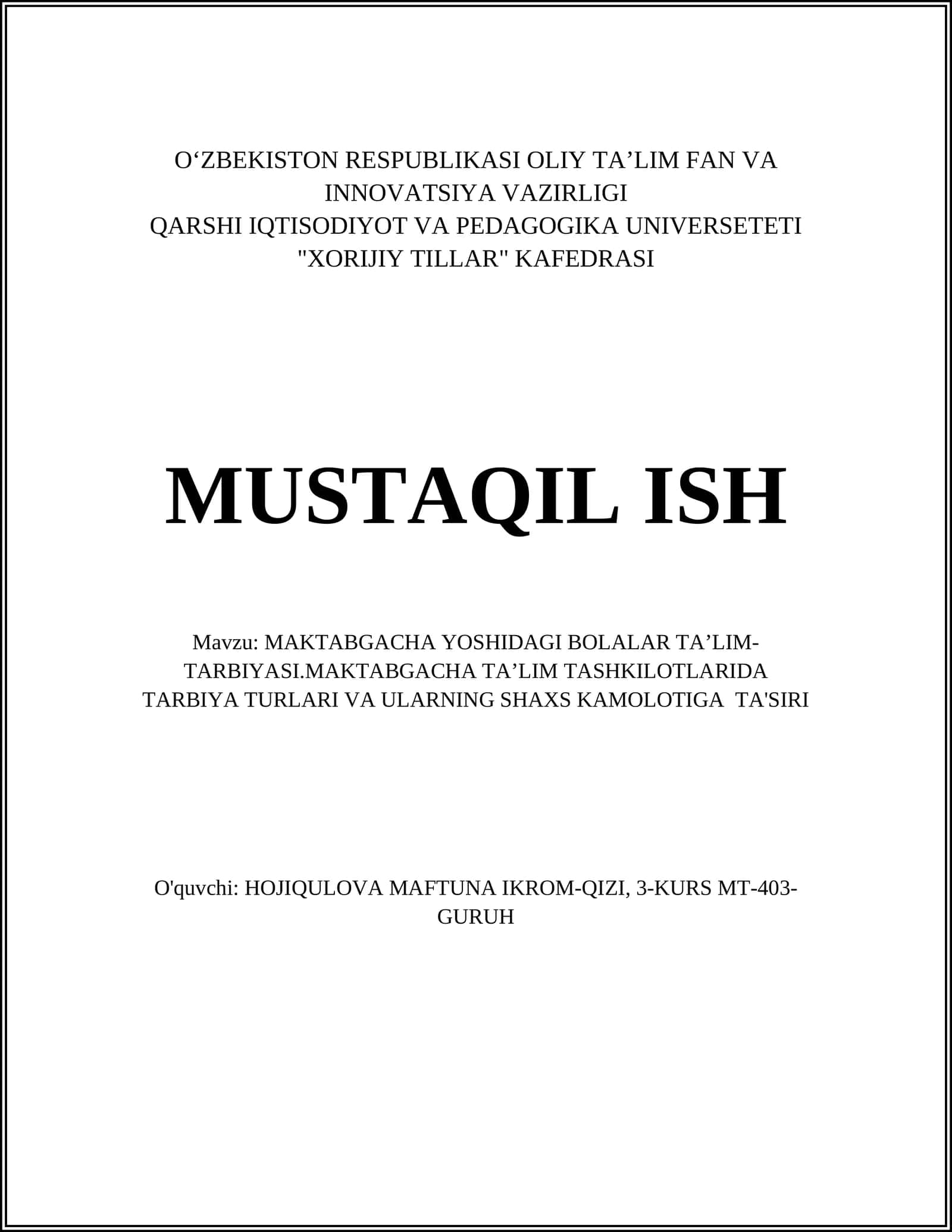 Maktabgacha yoshdagi bolalar psixologiyasi