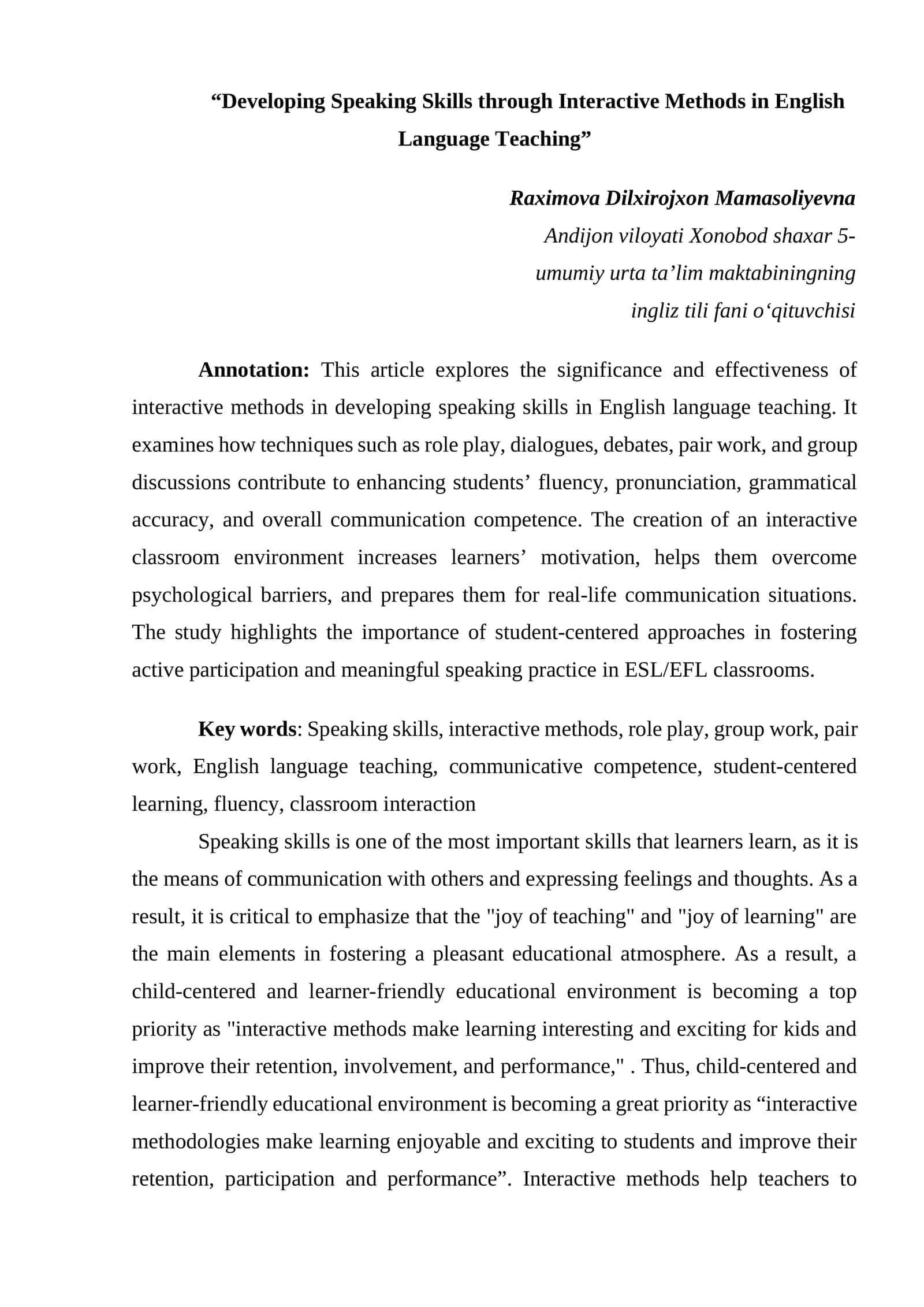Developing Speaking Skills through Interactive Methods in English Language Teaching