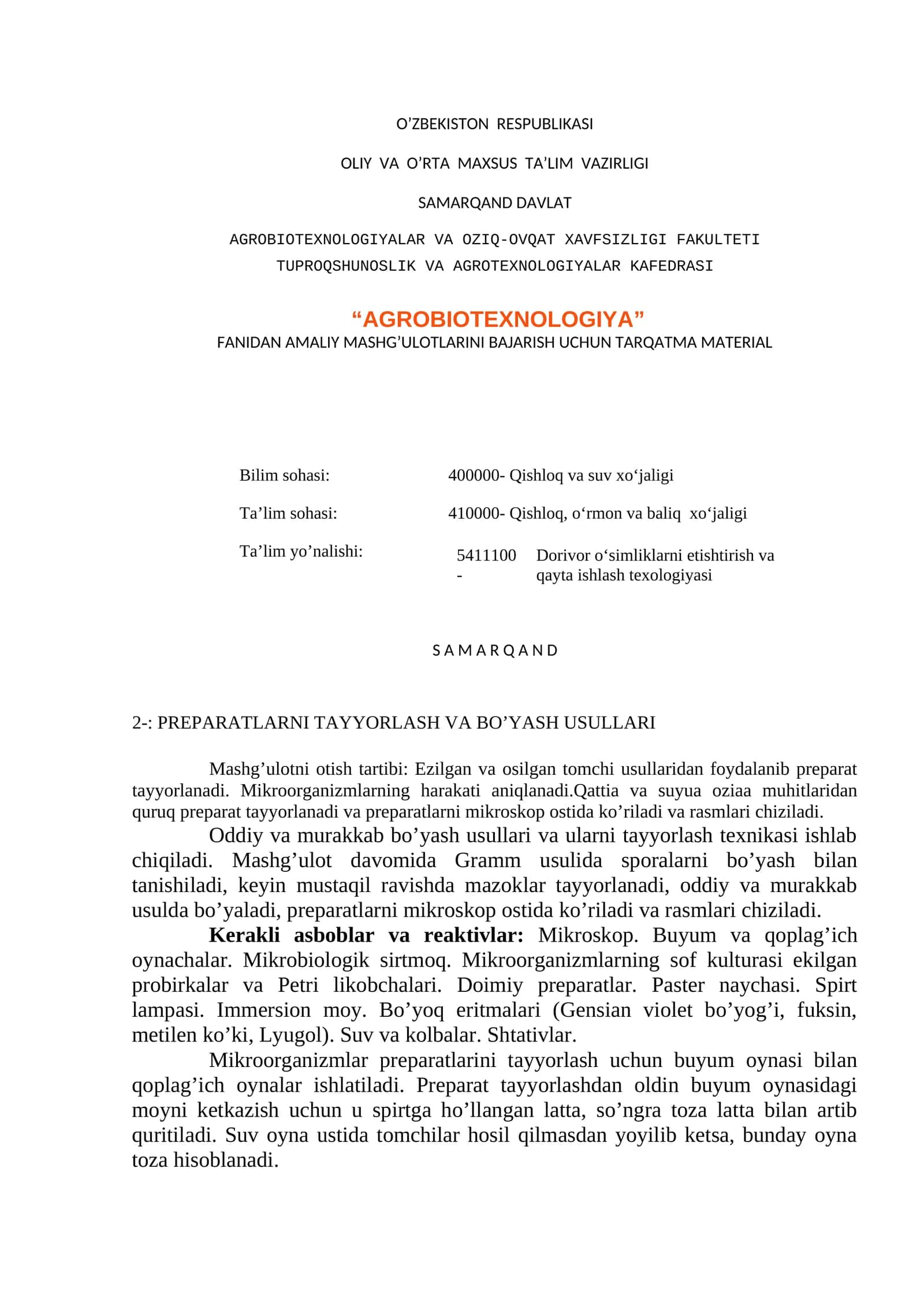 PREPARATLARNI TAYYORLASH VA BO’YASH USULLARI