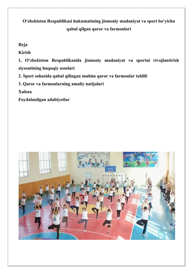 O‘zbekiston Respublikasi hukumatining jismoniy madaniyat va sport bo‘yicha qabul qilgan qaror va farmonlari