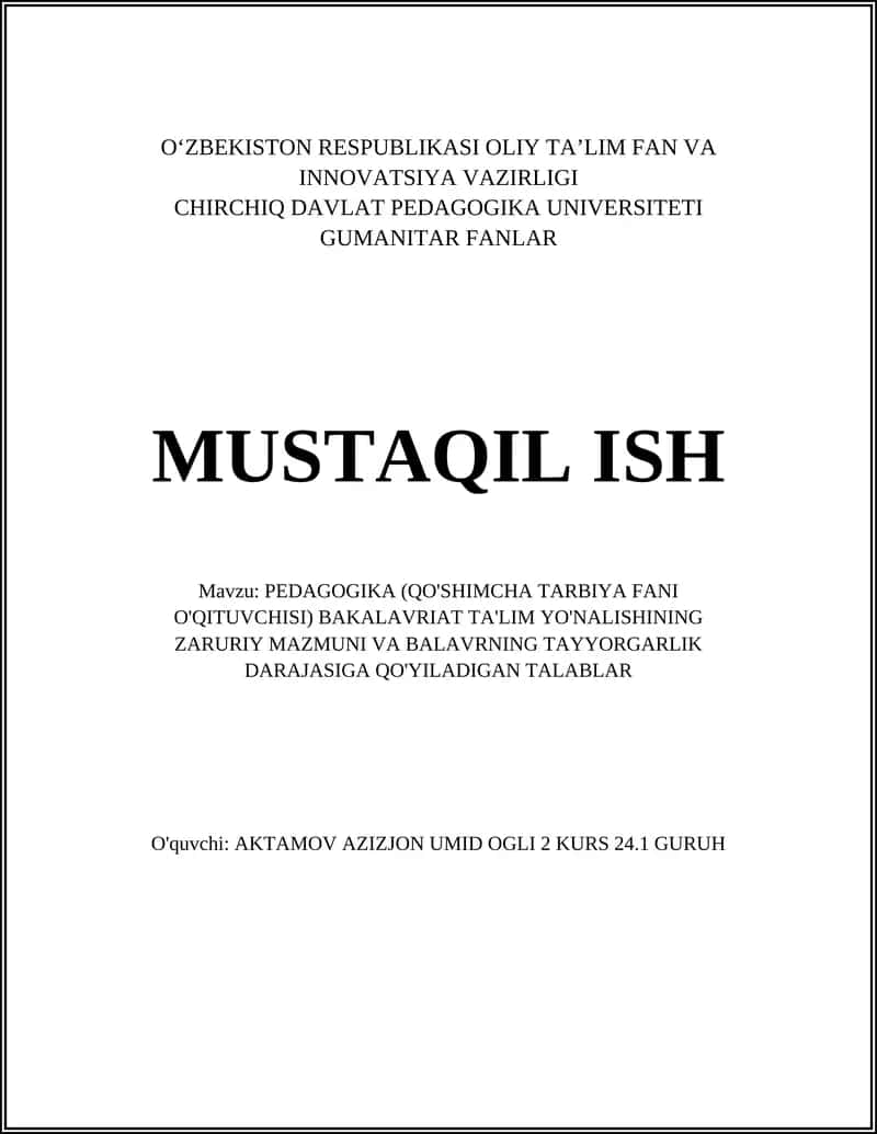 PEDAGOGIKA (QO'SHIMCHA TARBIYA FANI O'QITUVCHISI) BAKALAVRIAT TA'LIM YO'NALISHI