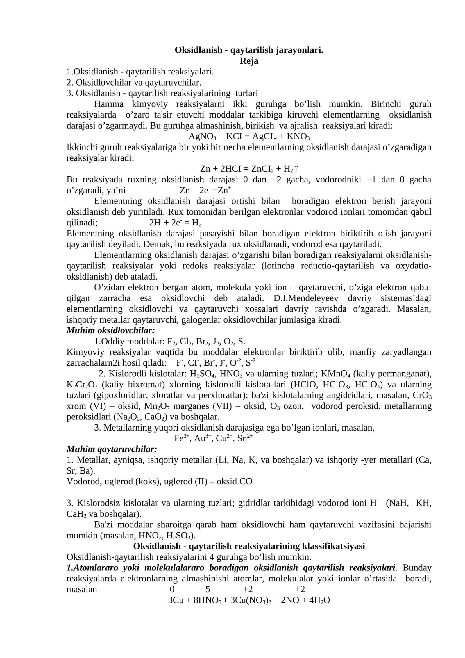 Oksidlanish - qaytarilish jarayonlari