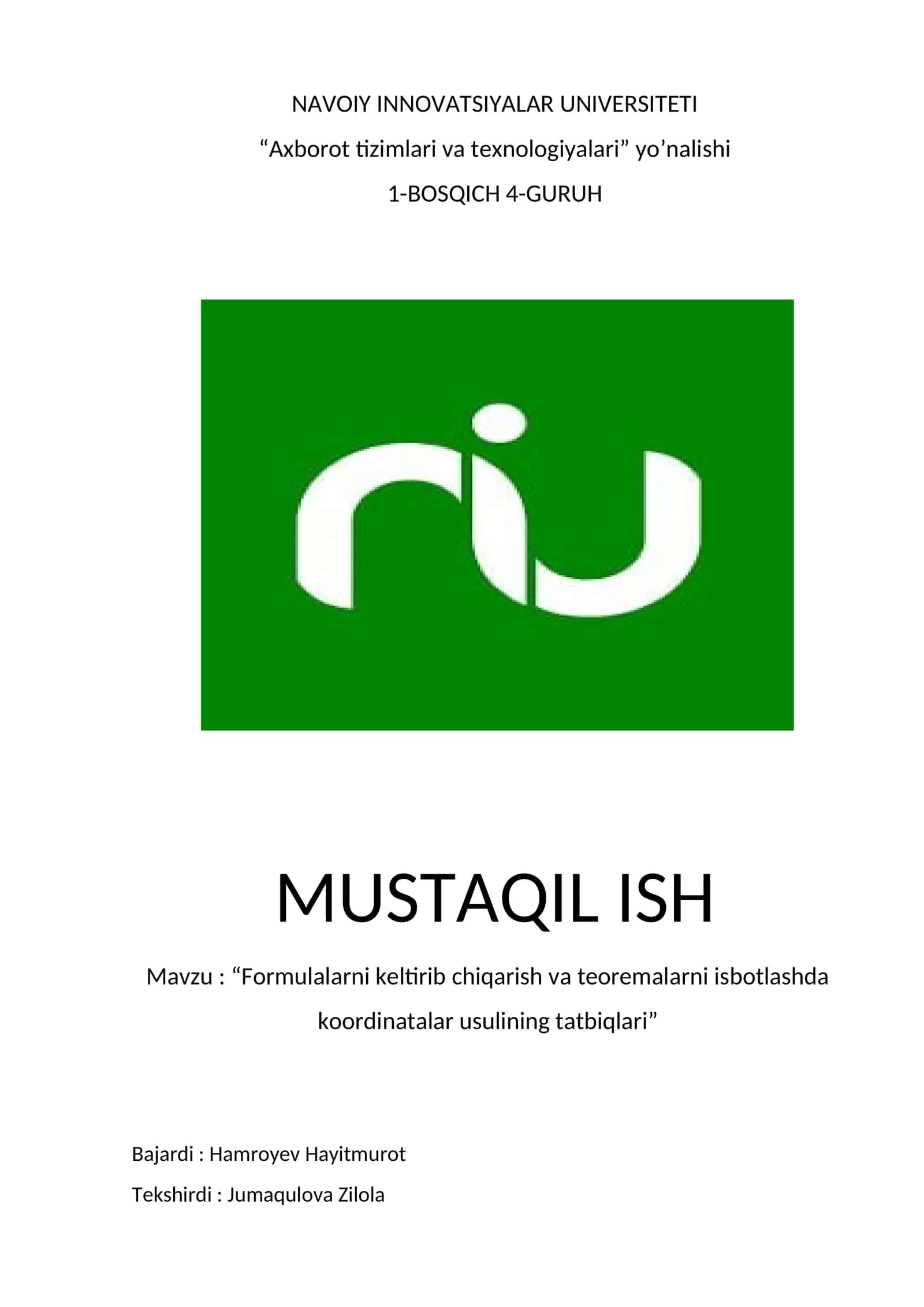 Formulalarni keltirib chiqarish va teoremalarni isbotlashda koordinatalar usulining tatbiqlari
