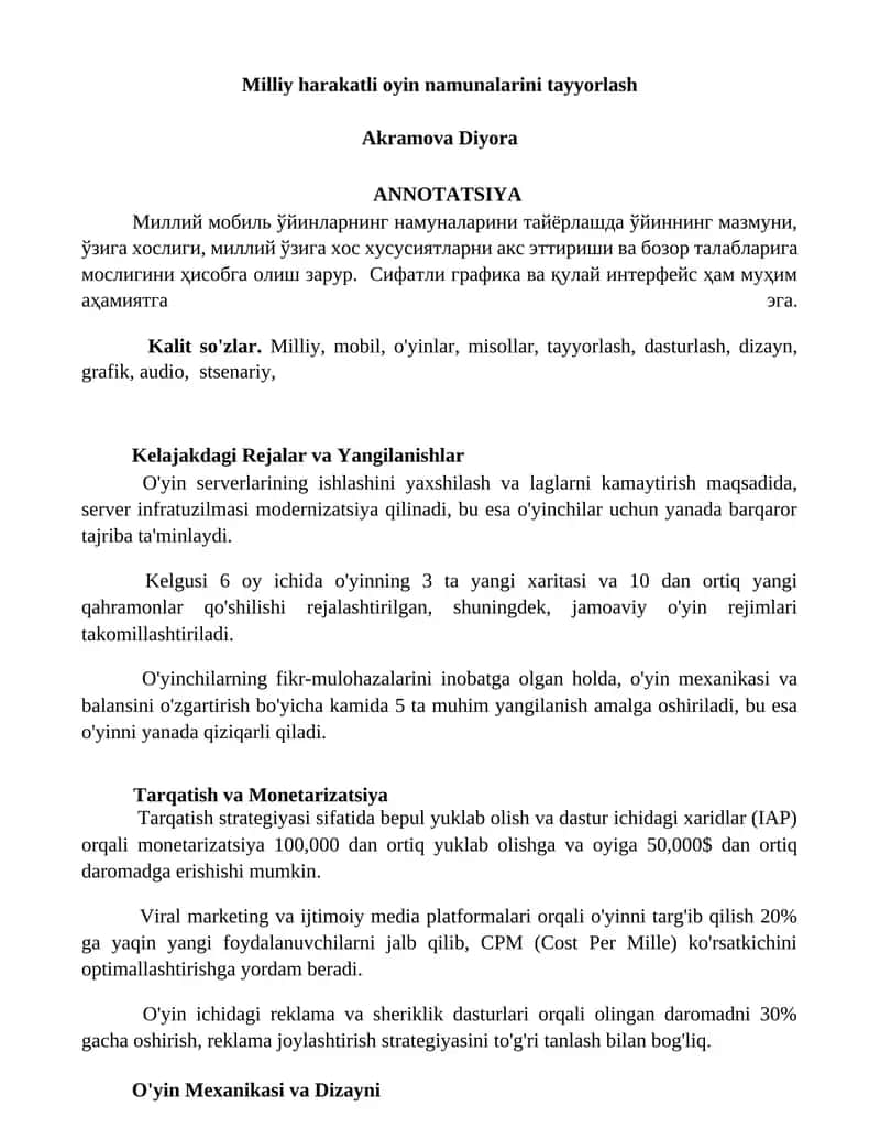 Milliy harakatli oyin namunalarini tayyorlash