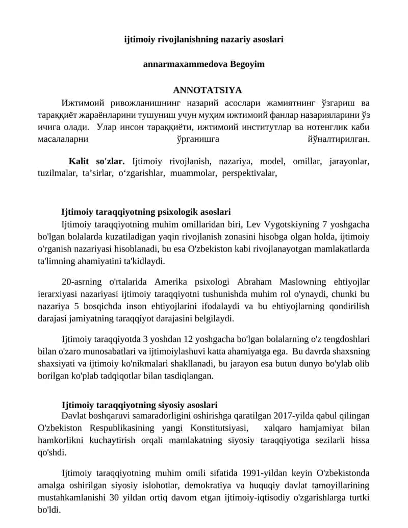 Ijtimoiy rivojlanishning nazariy asoslari