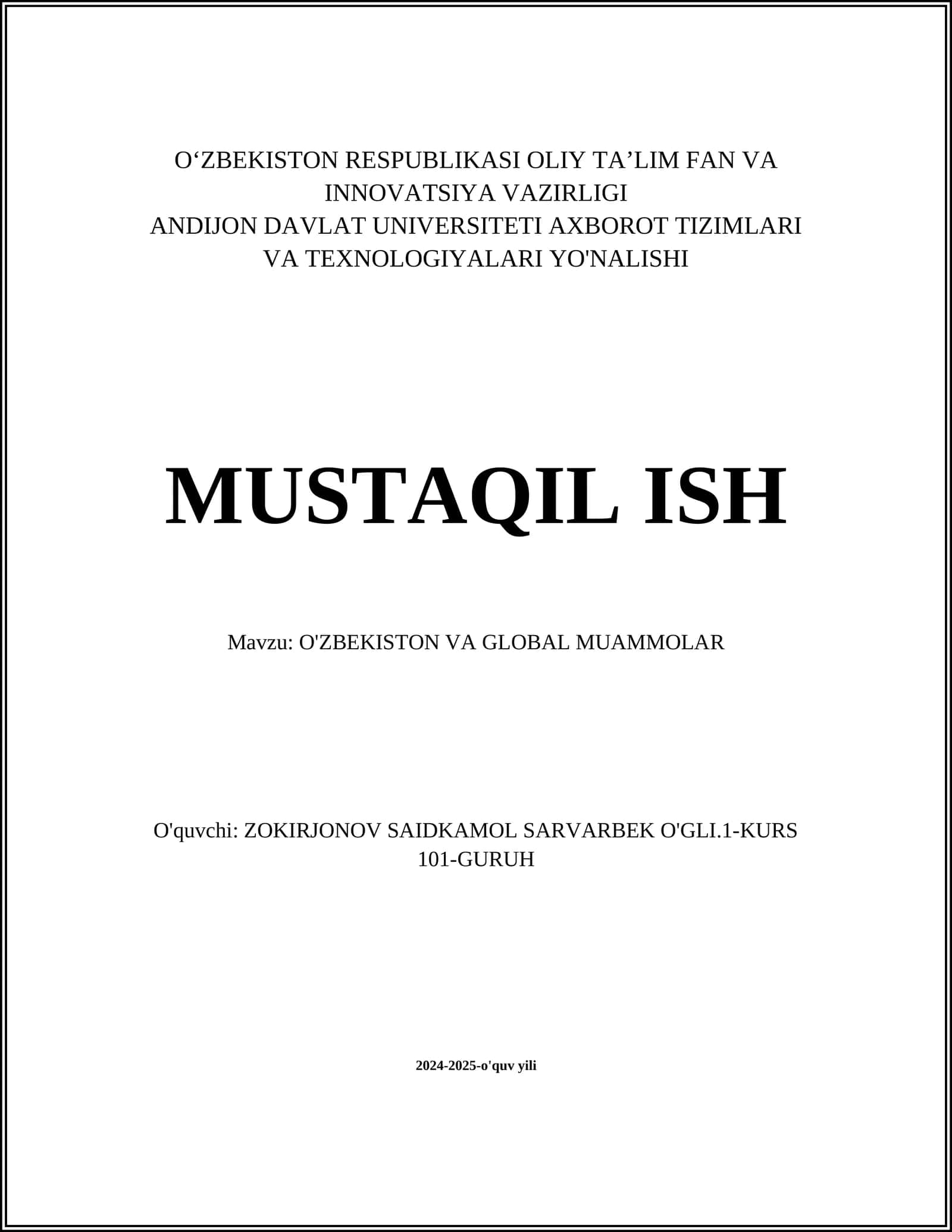 O'ZBEKISTON VA GLOBAL MUAMMOLAR
