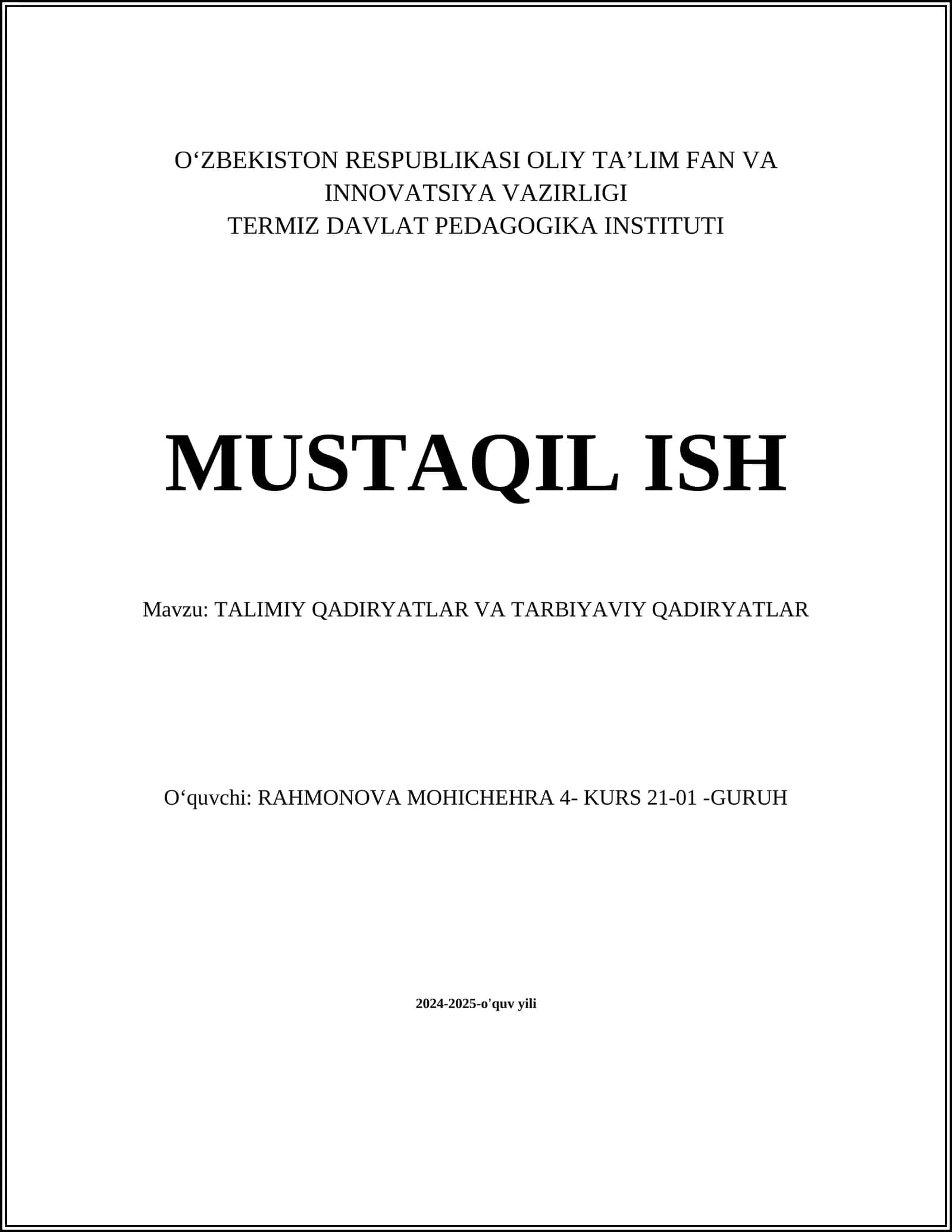 TALIMIY QADIRYATLAR VA TARBIYAVIY QADIRYATLAR