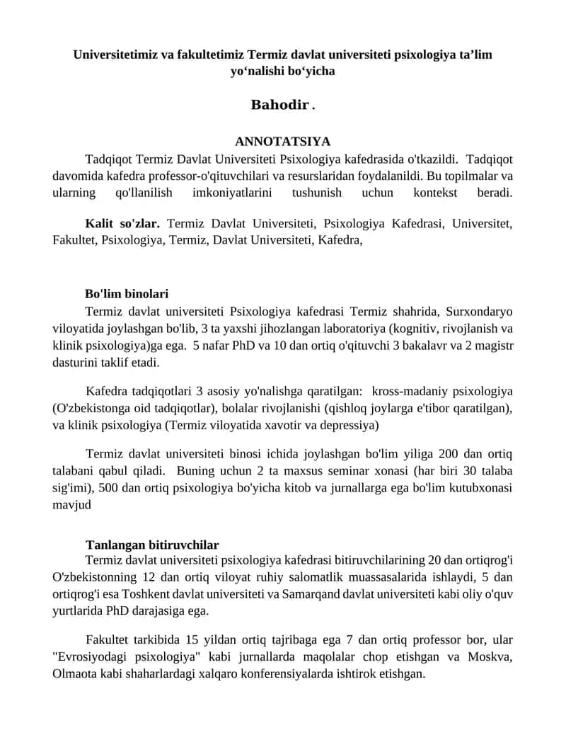Termiz Davlat Universiteti Psixologiya Kafedrasi