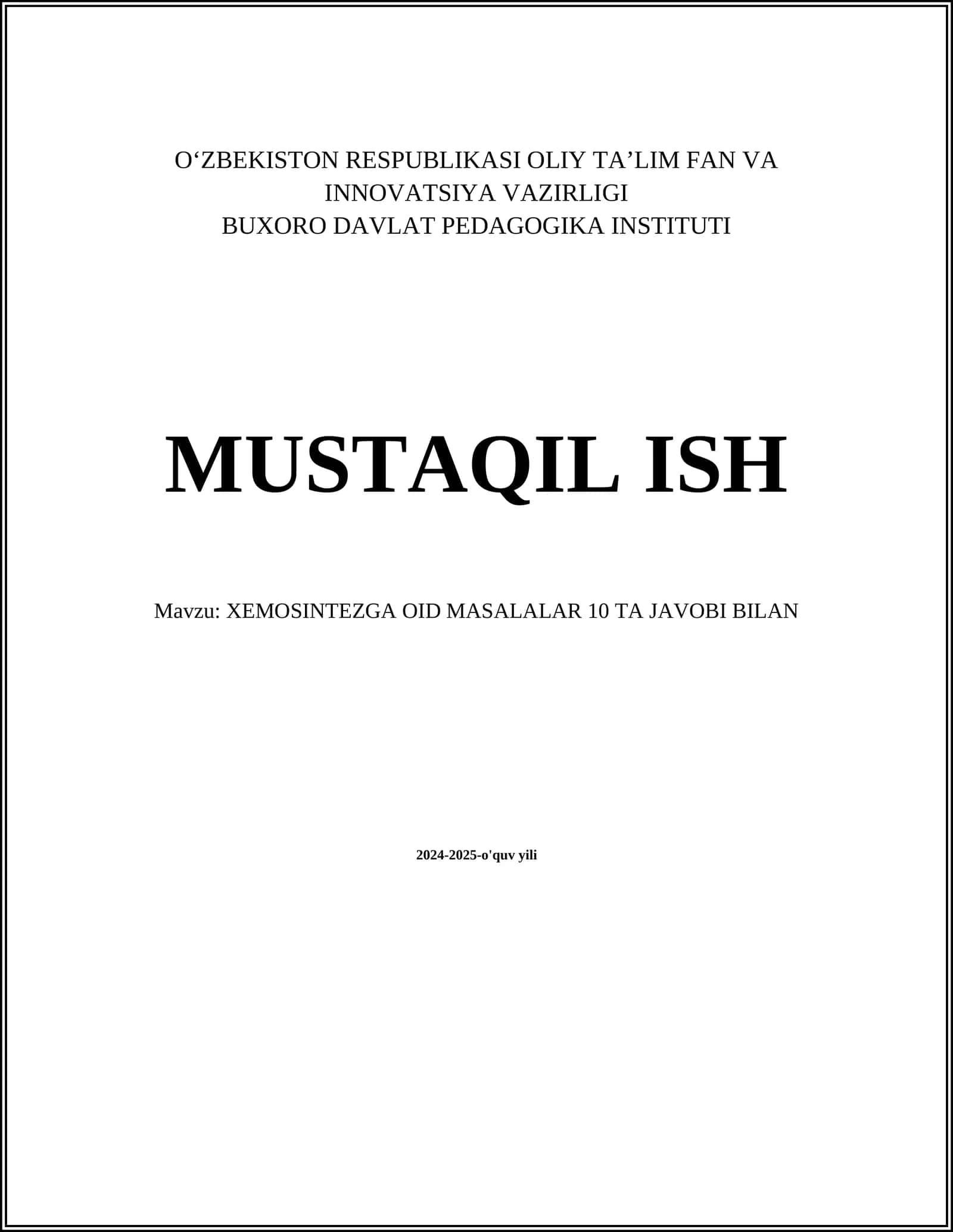 XEMOSINTEZGA OID MASALALAR 10 TA JAVOBI BILAN