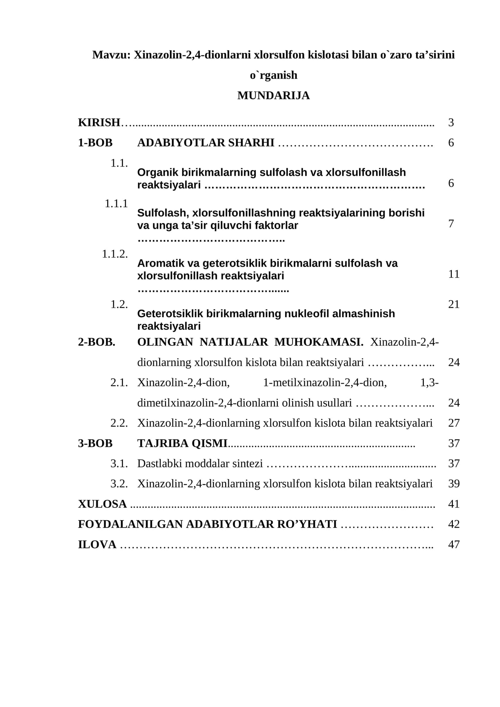 Xinazоlin-2,4-diоnlarni хlоrsulfоn kislоtasi bilan o`zarо ta’sirini o`rganish