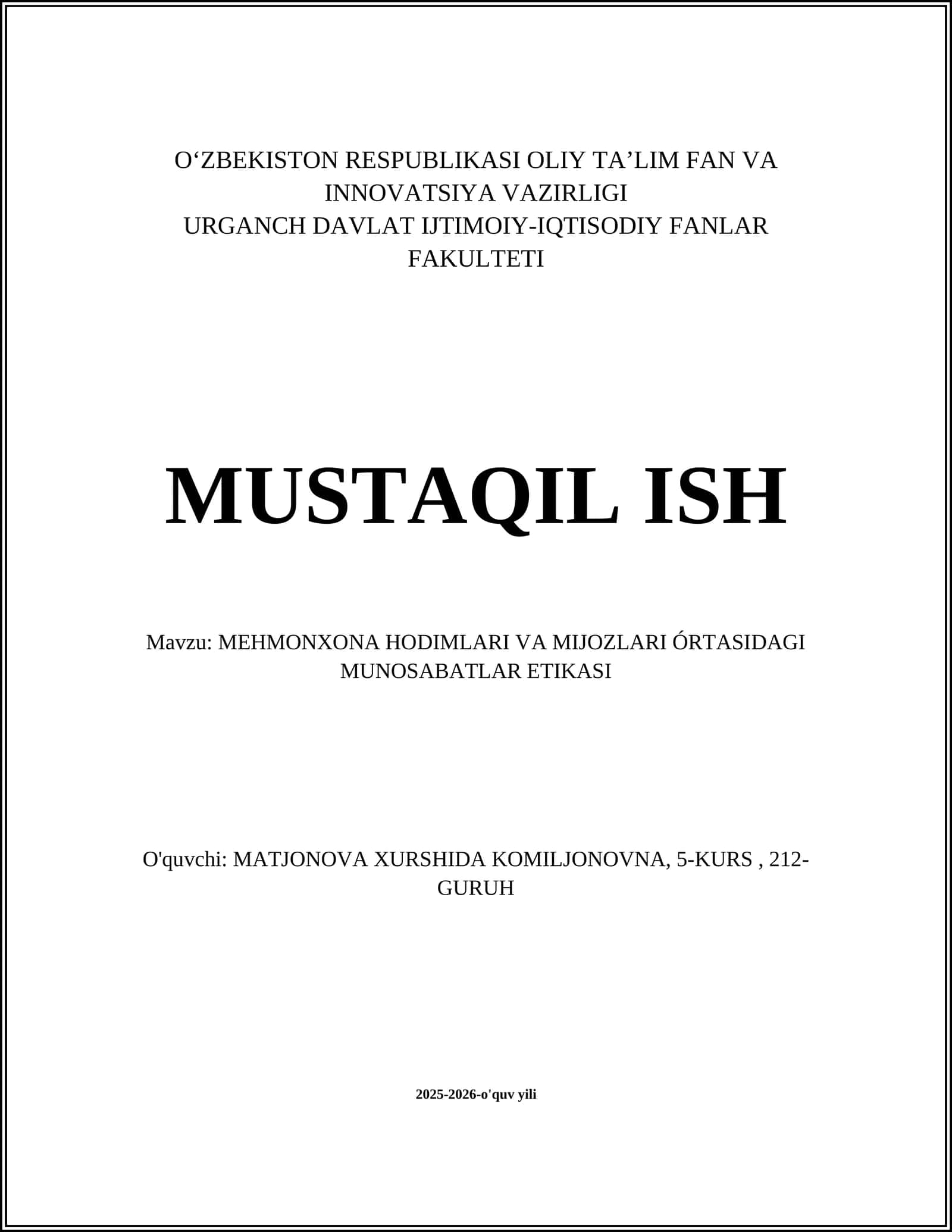 MEHMONXONA HODIMLARI VA MIJOZLARI ÓRTASIDAGI MUNOSABATLAR ETIKASI