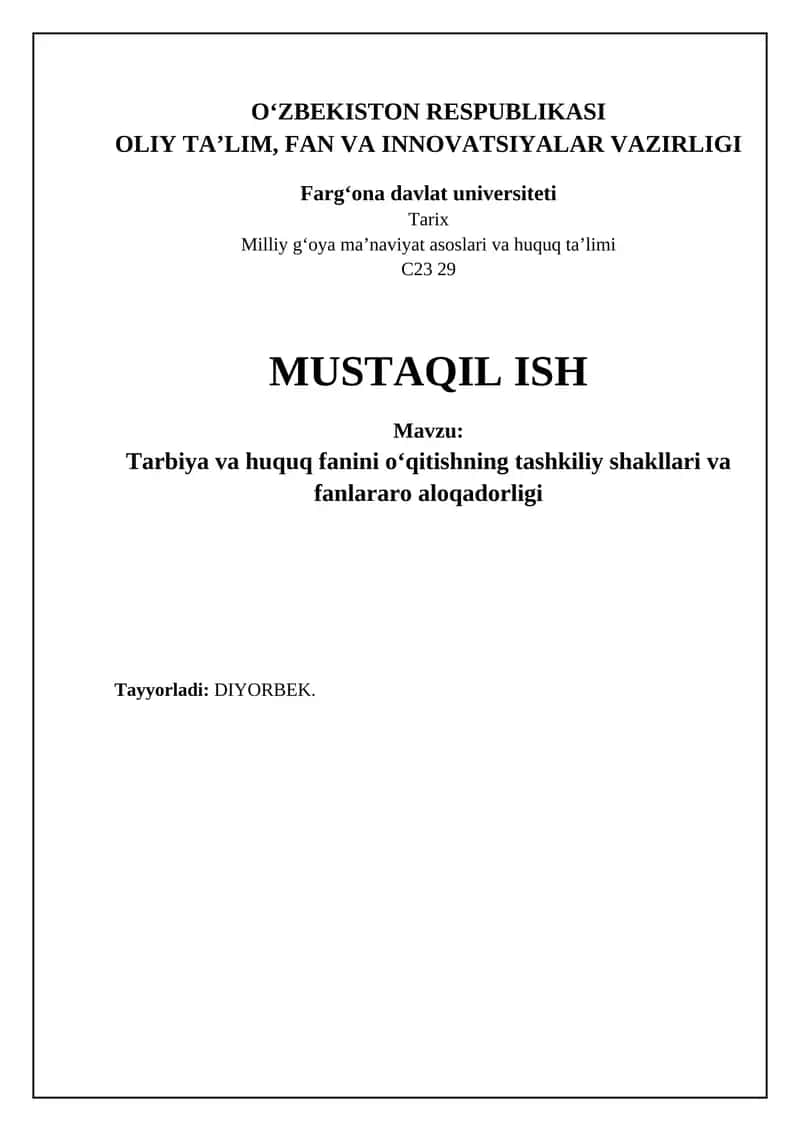 Ta'lim va huquq fanini o'qitishning tashkiliy shakllari va metodlari