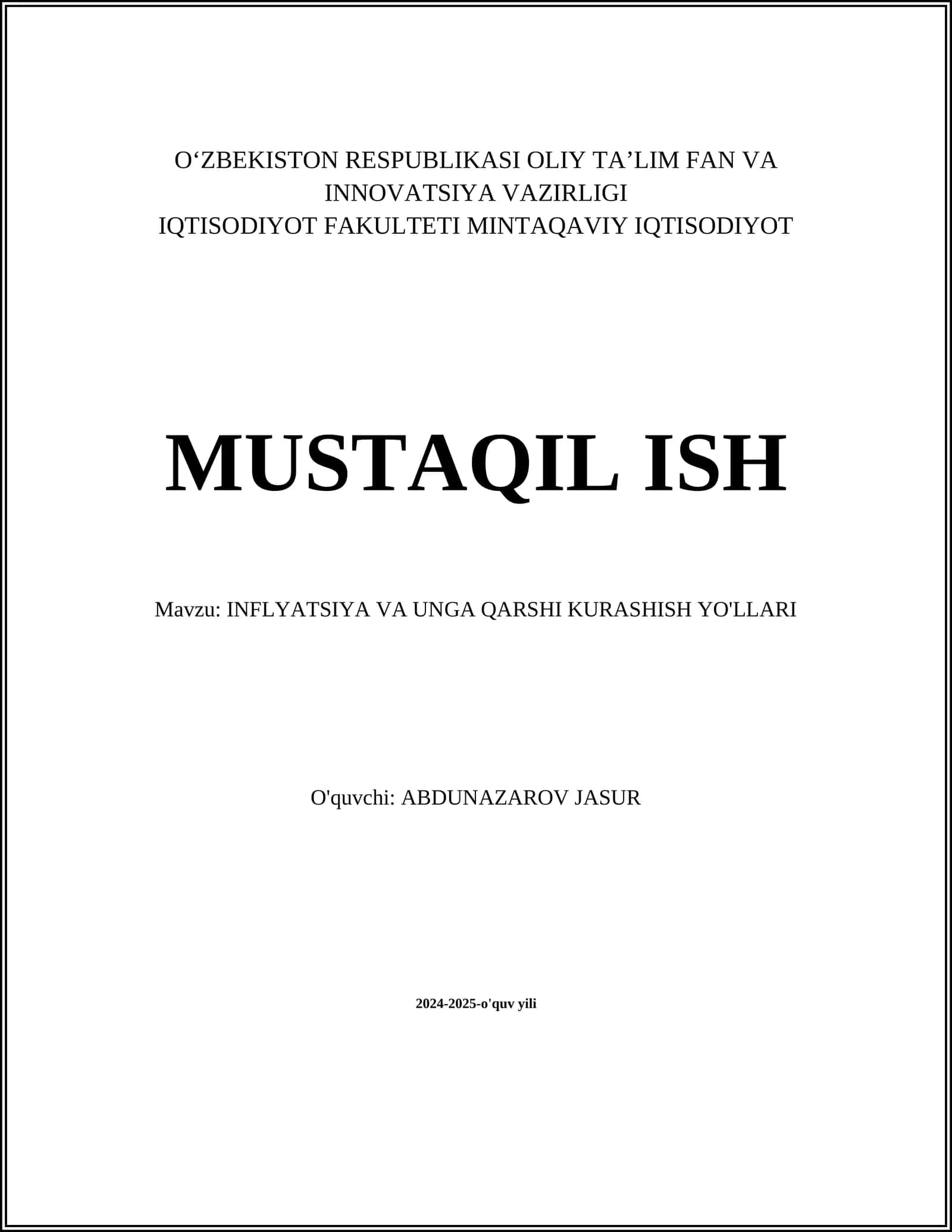 INFLYATSIYA VA UNGA QARSHI KURASHISH YO'LLARI