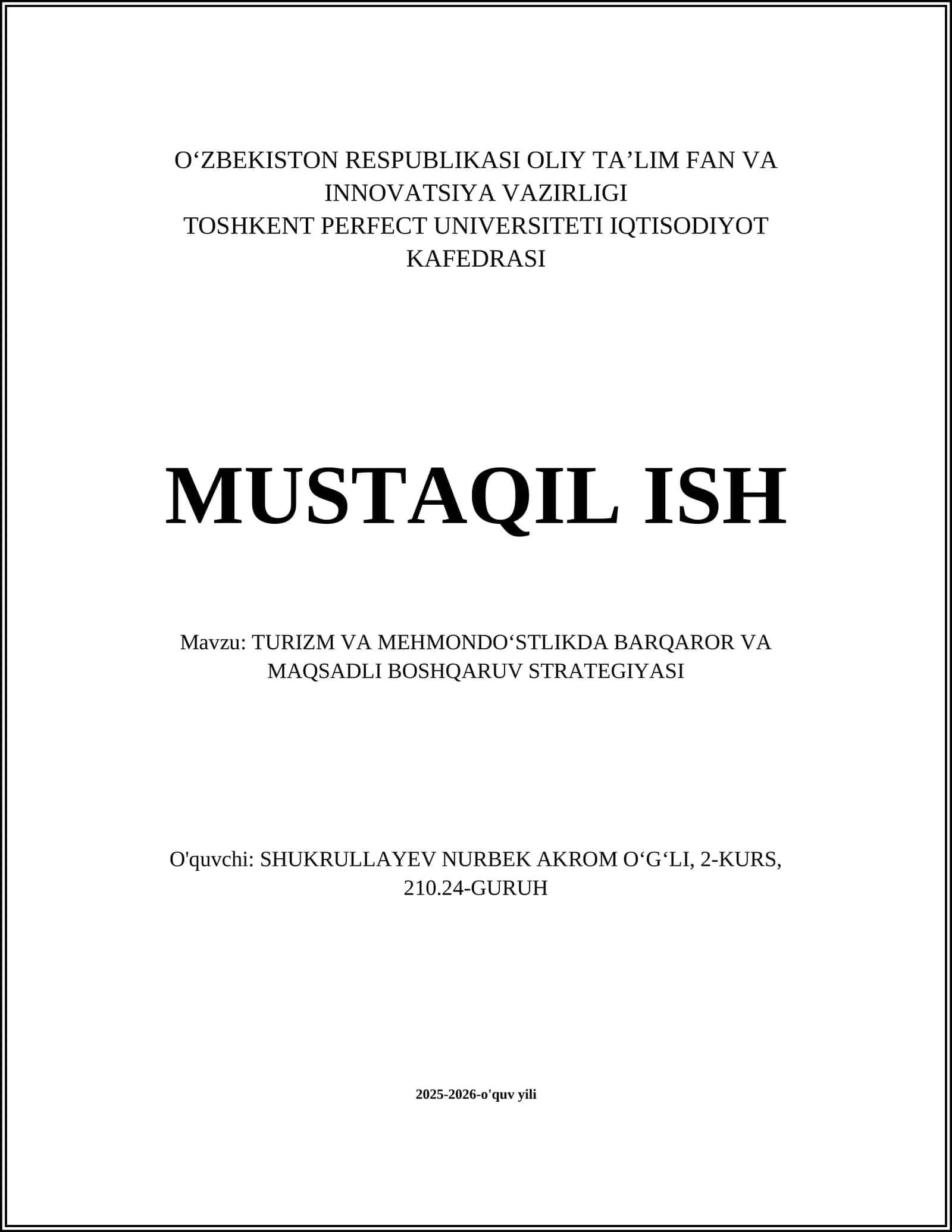TURIZM VA MEHMONDOʻSTLIKDA BARQAROR VA MAQSADLI BOSHQARUV STRATEGIYASI